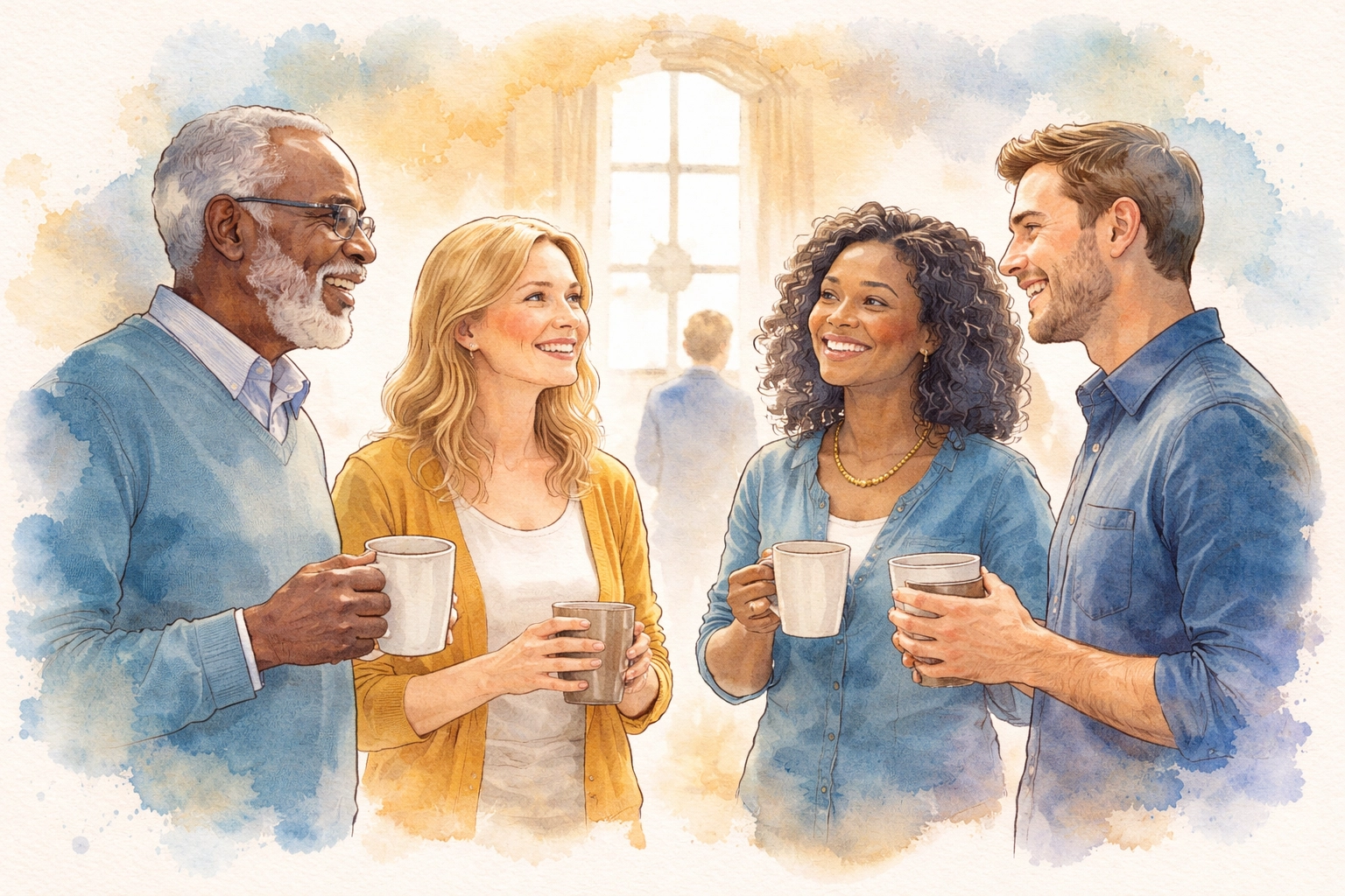 Watercolor illustration of a joyful church community gathered for fellowship, reflecting faith and connection.