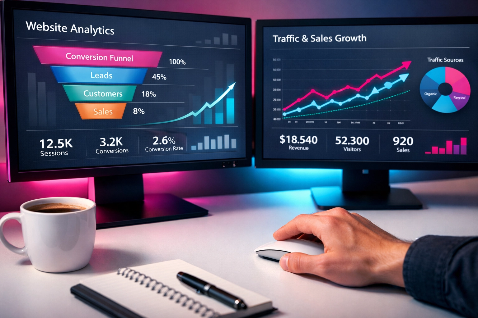 Desktop monitors showing website conversion funnels and performance tracking dashboards