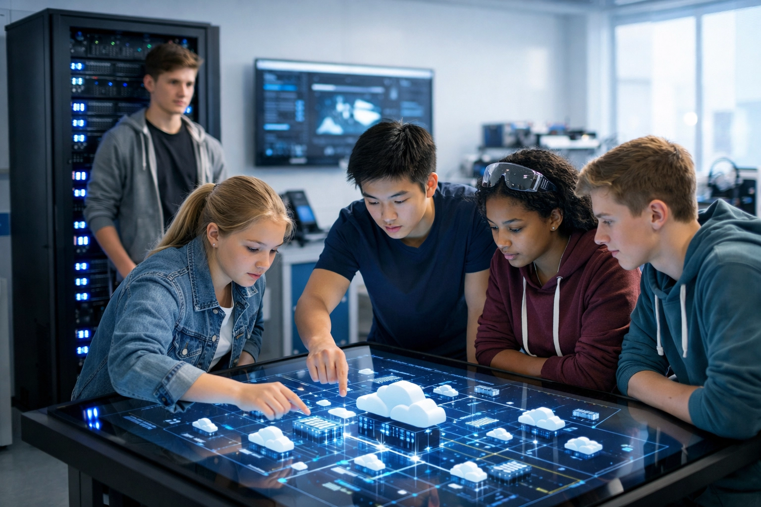 High school students developing cloud infrastructure skills in a modern tech innovation lab.