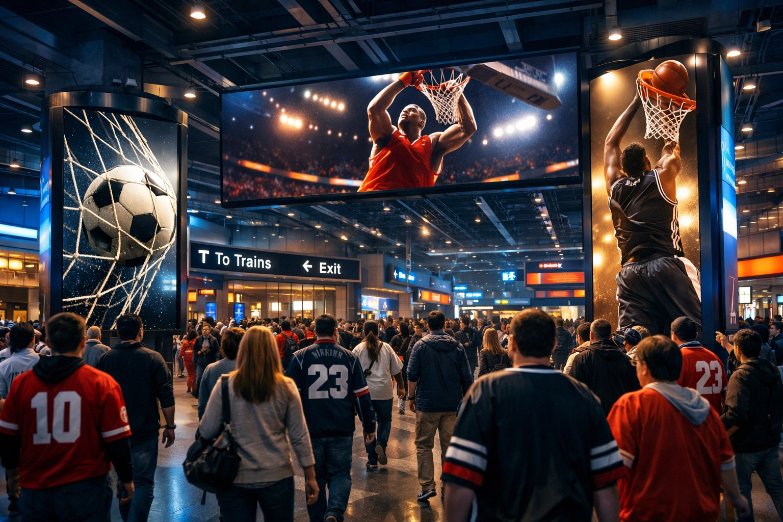 Digital sports advertising screens in a busy transit hub targeting fans with real-time game day content.