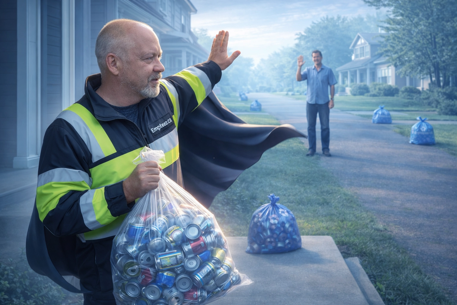 Tim 'Can Man' Kemsley at a doorstep picking up a bag of cans and waving to a neighbor
