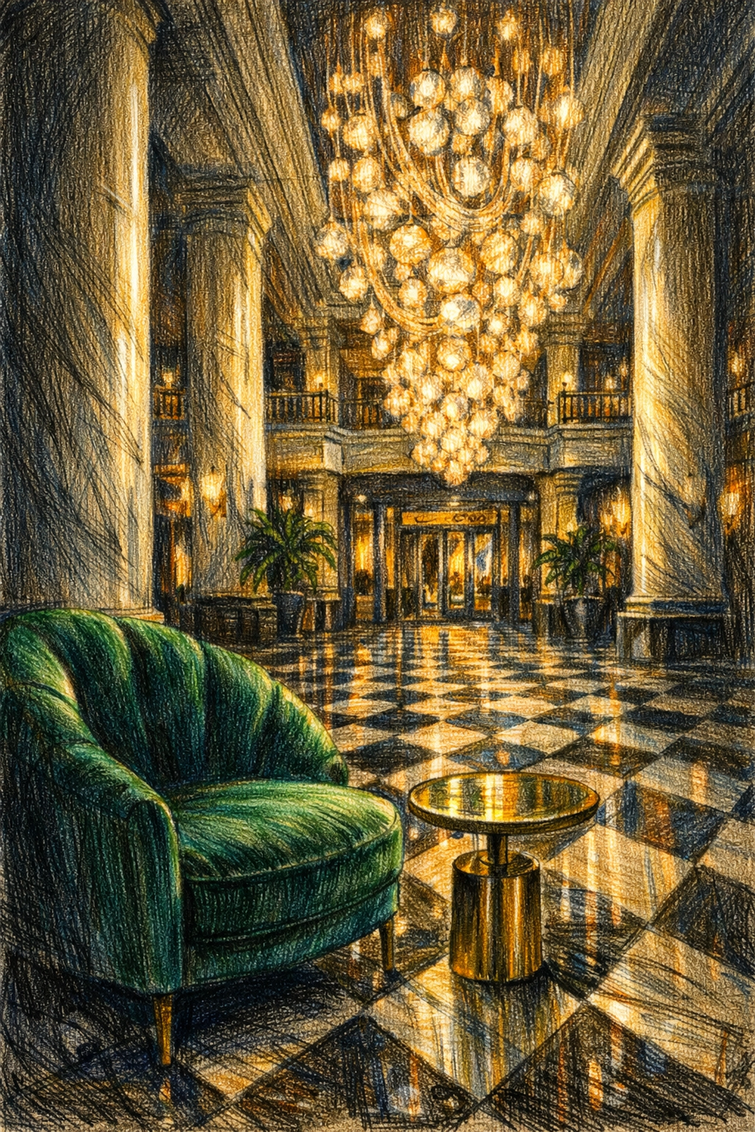 Grand luxury hospitality design in a hotel lobby with velvet furniture and marble floors.