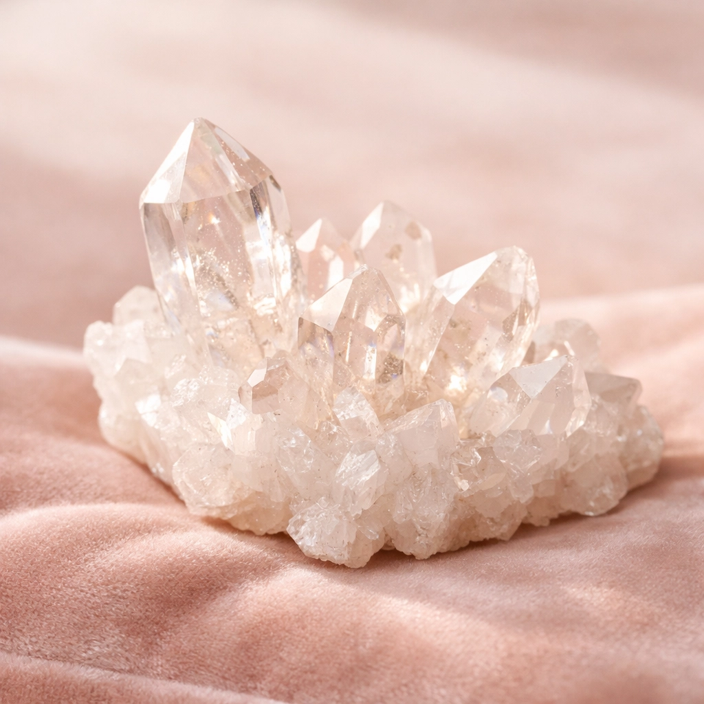 Clear quartz crystal cluster on pink velvet symbolizing energetic alignment for the spiritual empath.