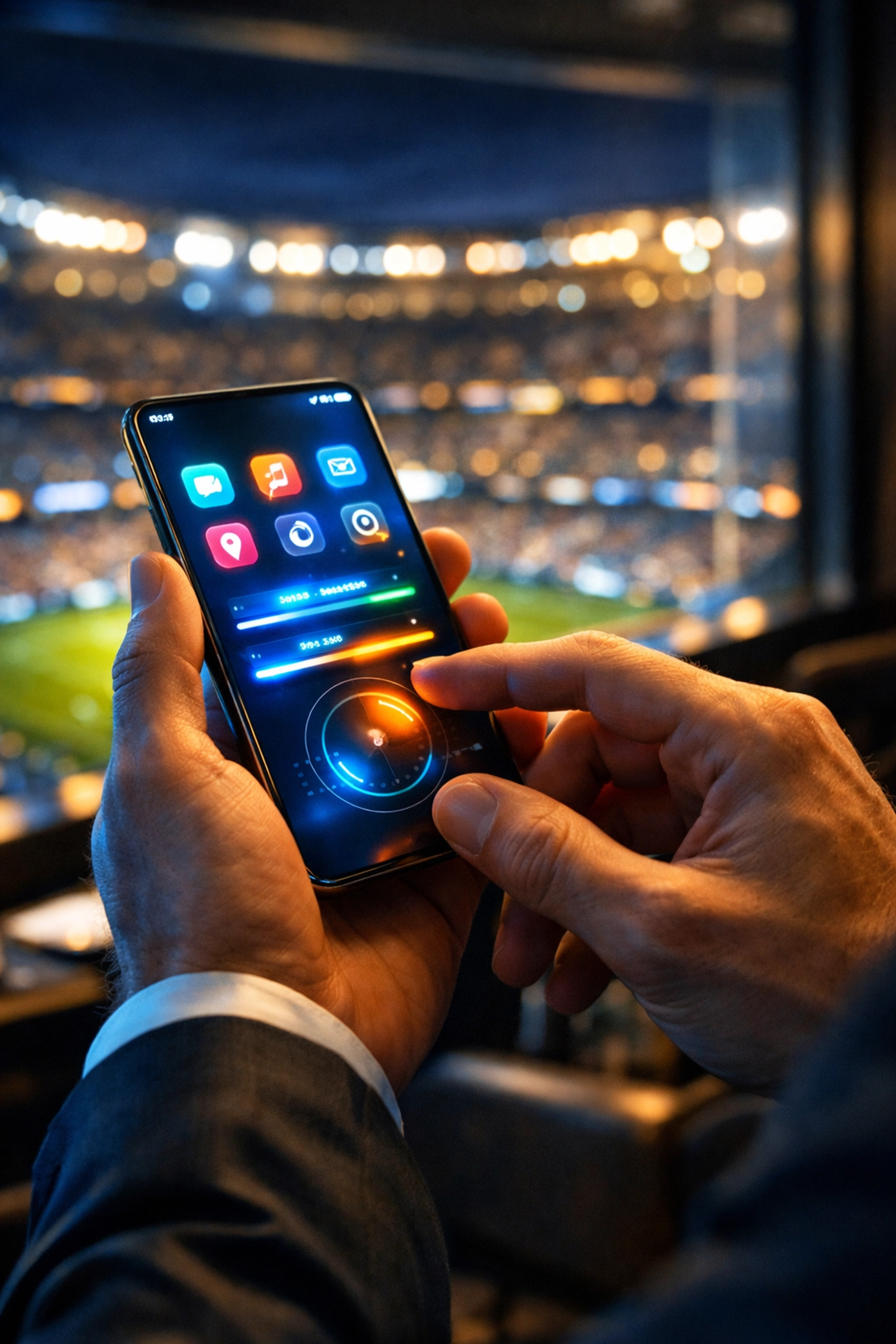 Close-up of a mobile device showing interactive game-day content in a stadium suite.
