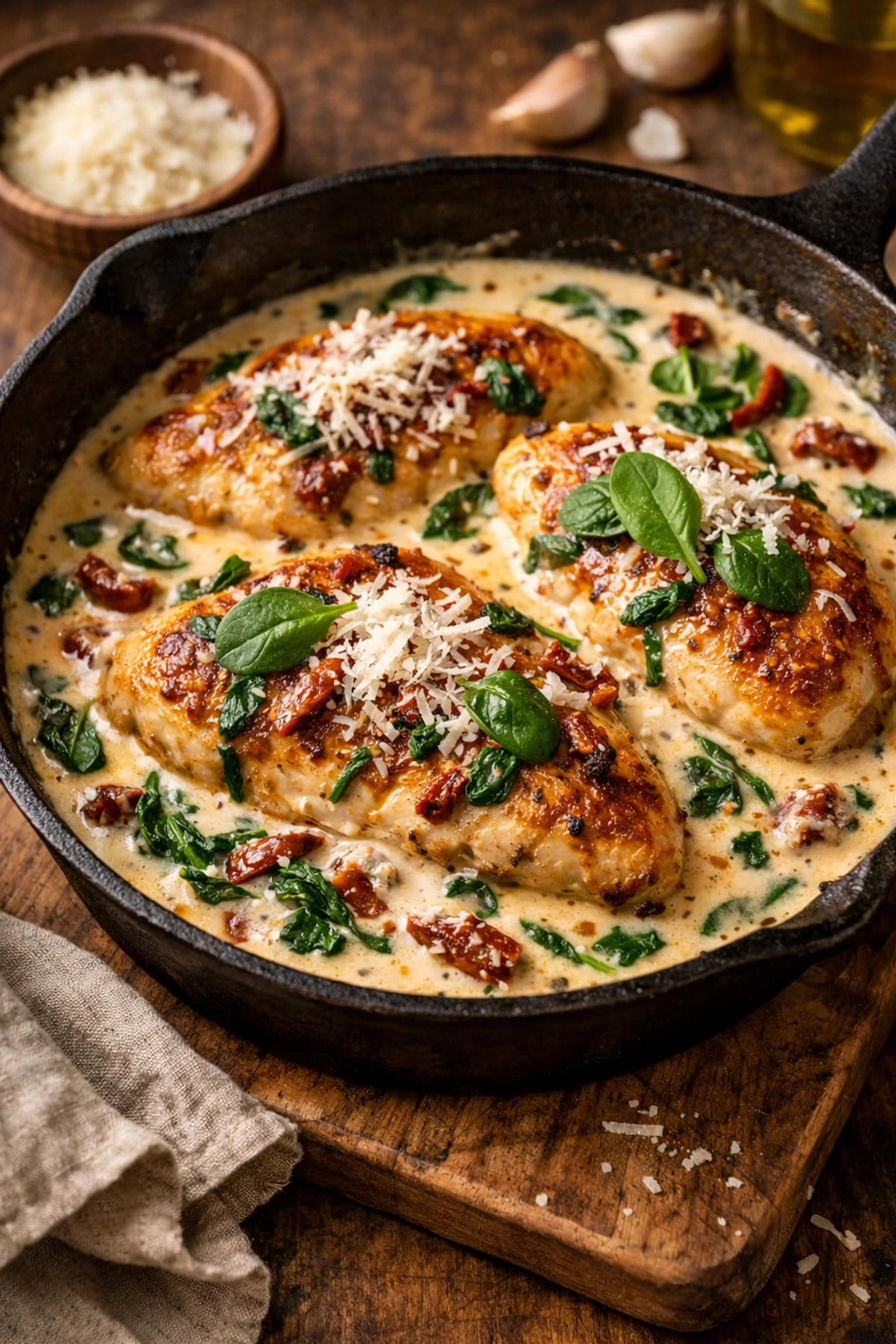One-pot creamy Tuscan chicken with spinach, sun-dried tomatoes, and parmesan