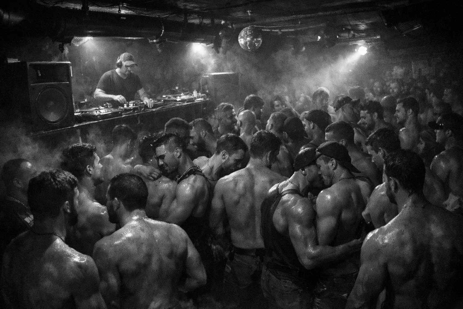 Crowded gay bar dancefloor in NYC with men dancing under dim lights and DJ booth