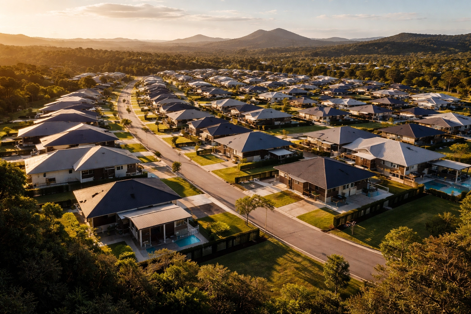 Aerial view of new Brisbane suburb with concrete driveways and outdoor areas at sunset