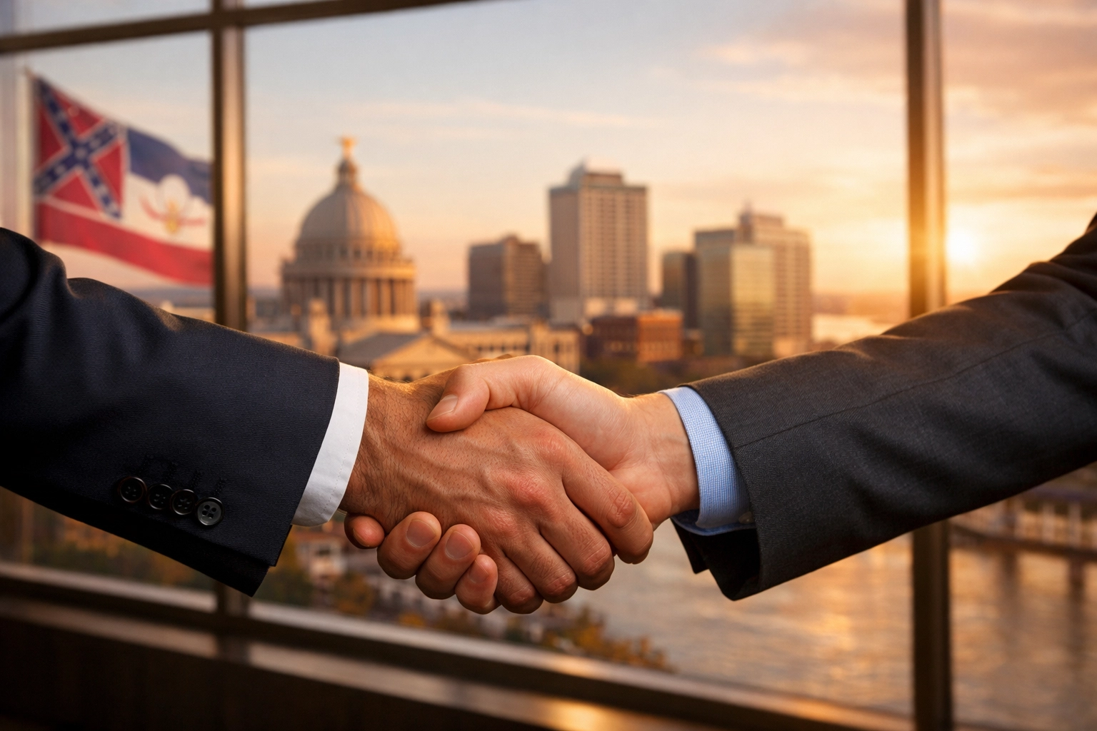 Business professionals shaking hands with Mississippi business district in background