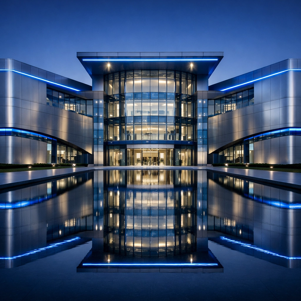 Modern architectural view of a global fintech headquarters representing a stable crypto finance ecosystem.