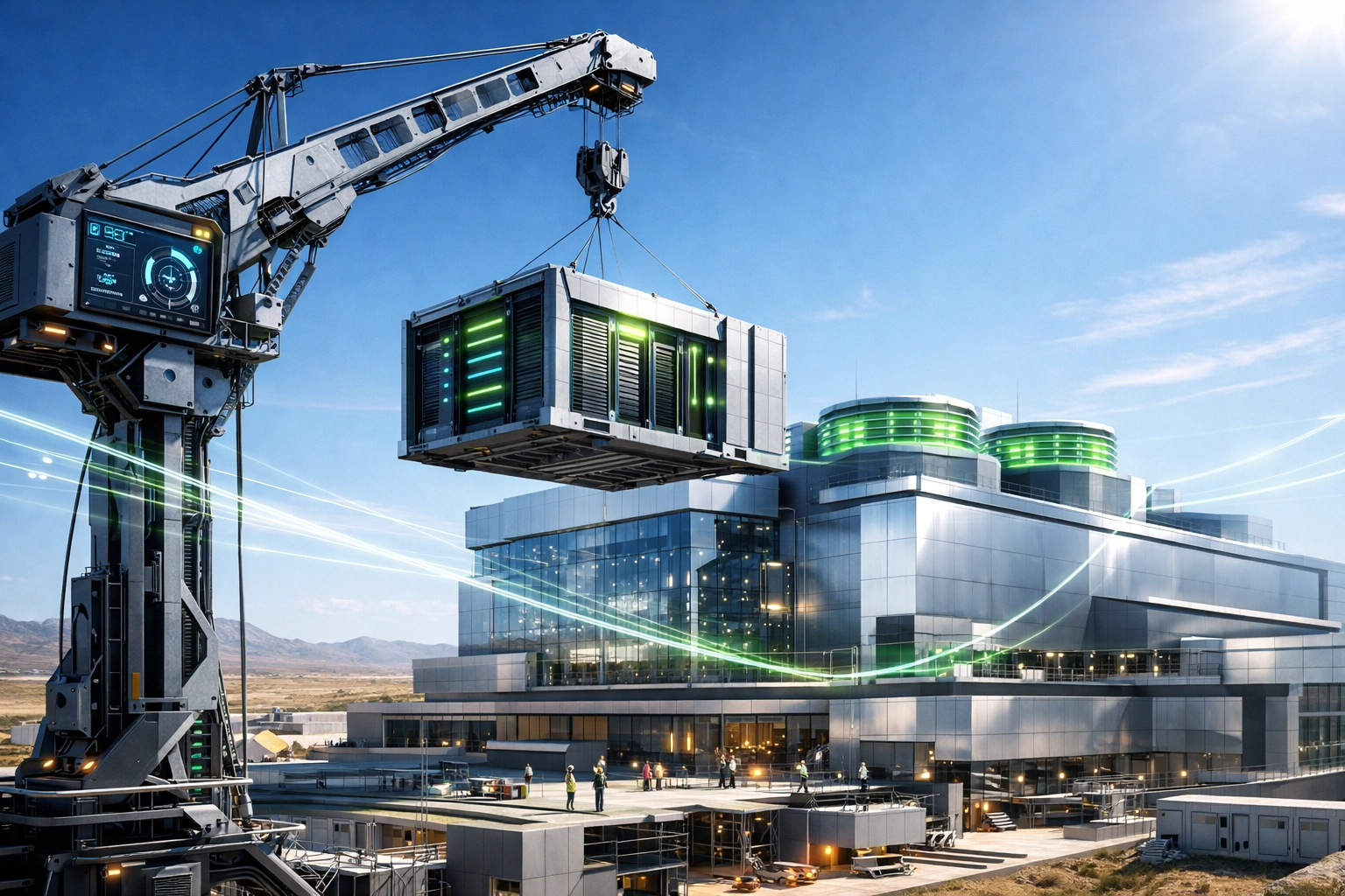 High-tech equipment building a modern data center to support the global digital infrastructure boom.