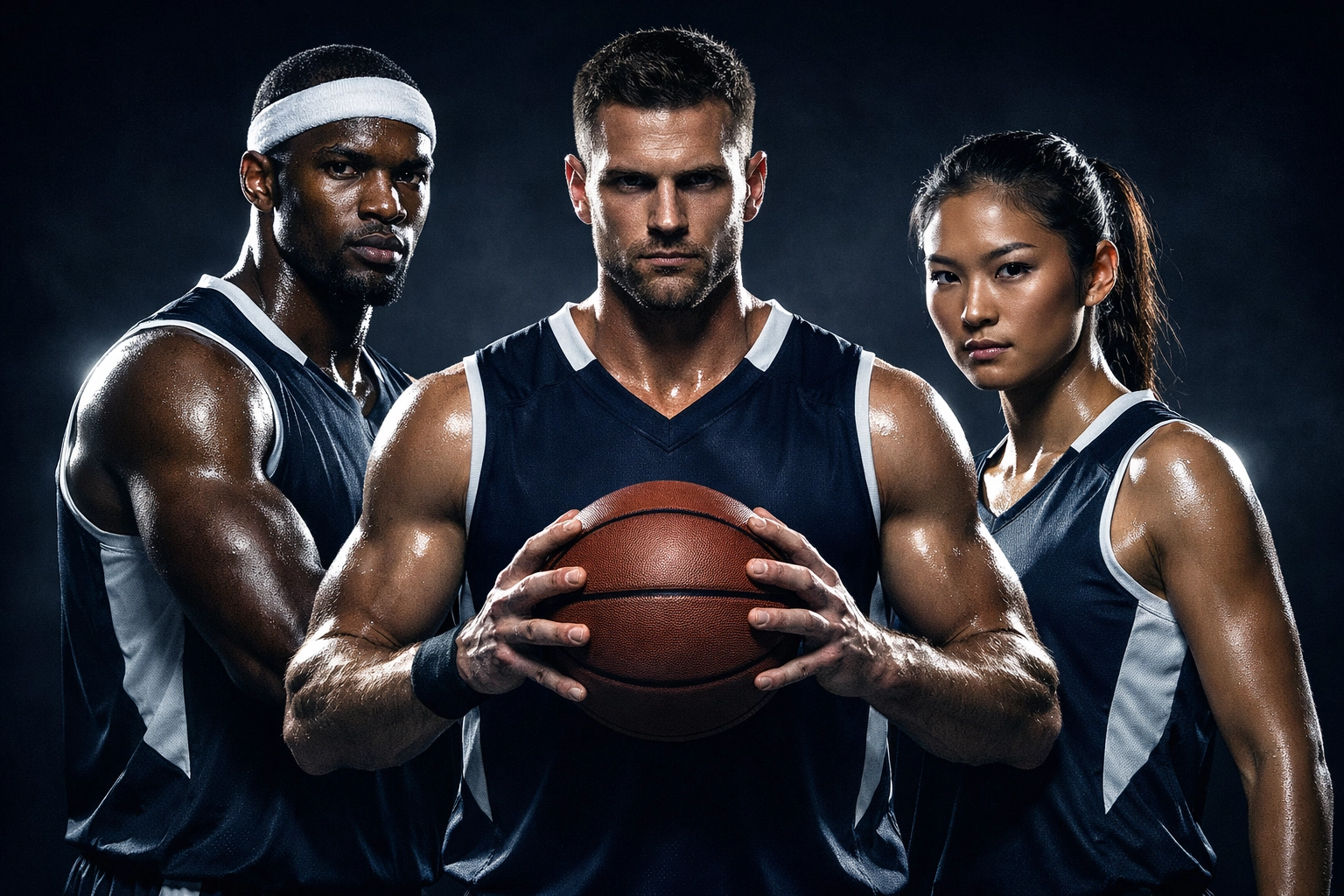 Three UConn basketball athletes in team uniforms standing together to highlight roster depth.