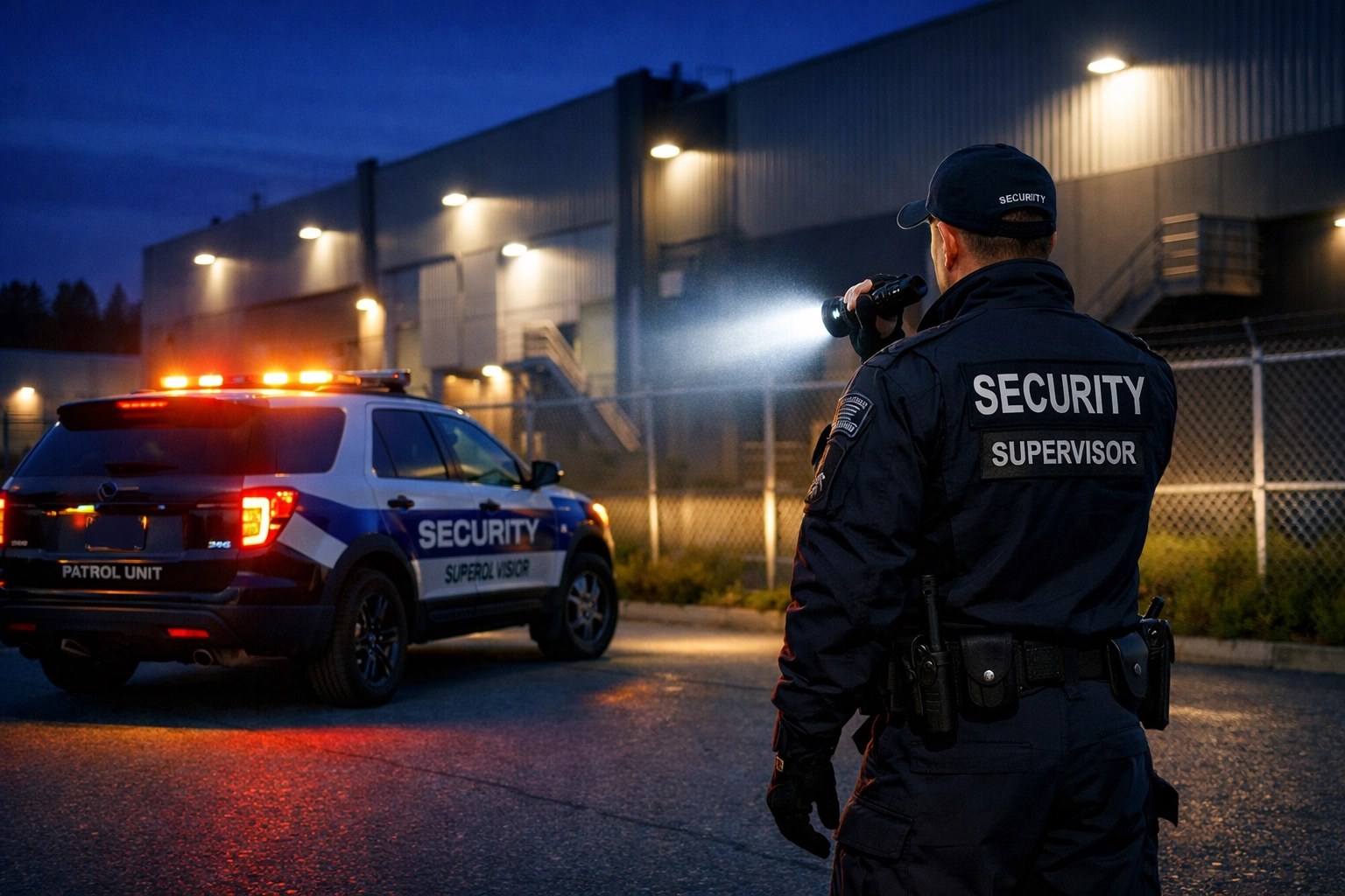 Mobile patrol service vehicle and security supervisor performing a nighttime site inspection.