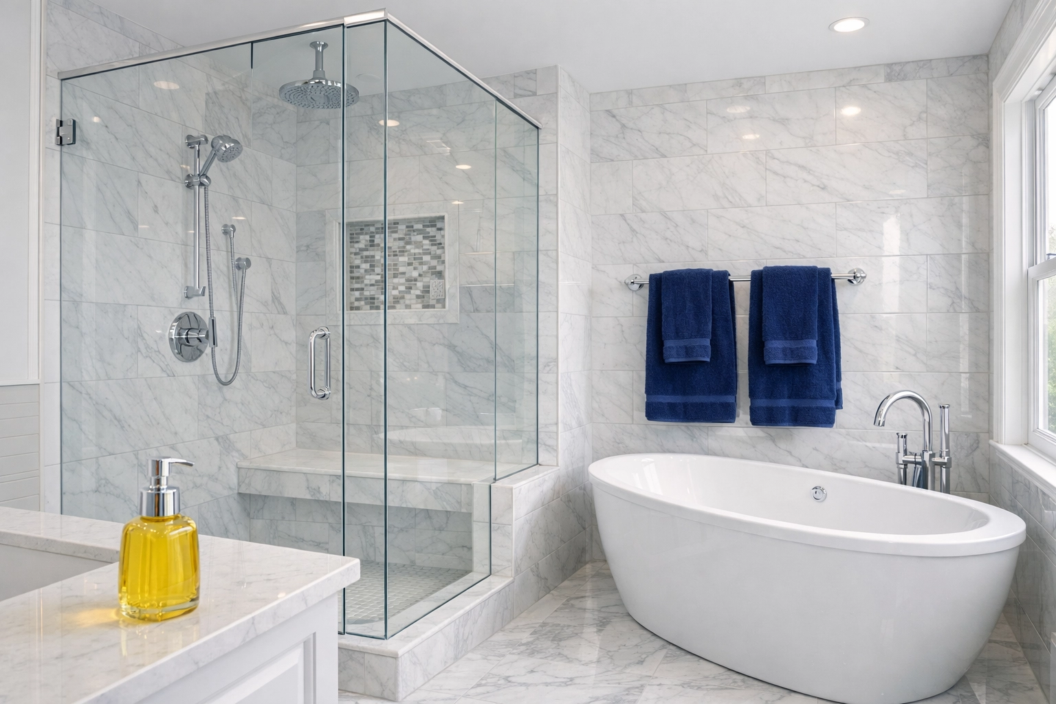 Sanitized luxury bathroom with crystal clear glass after a house deep cleaned before moving in.