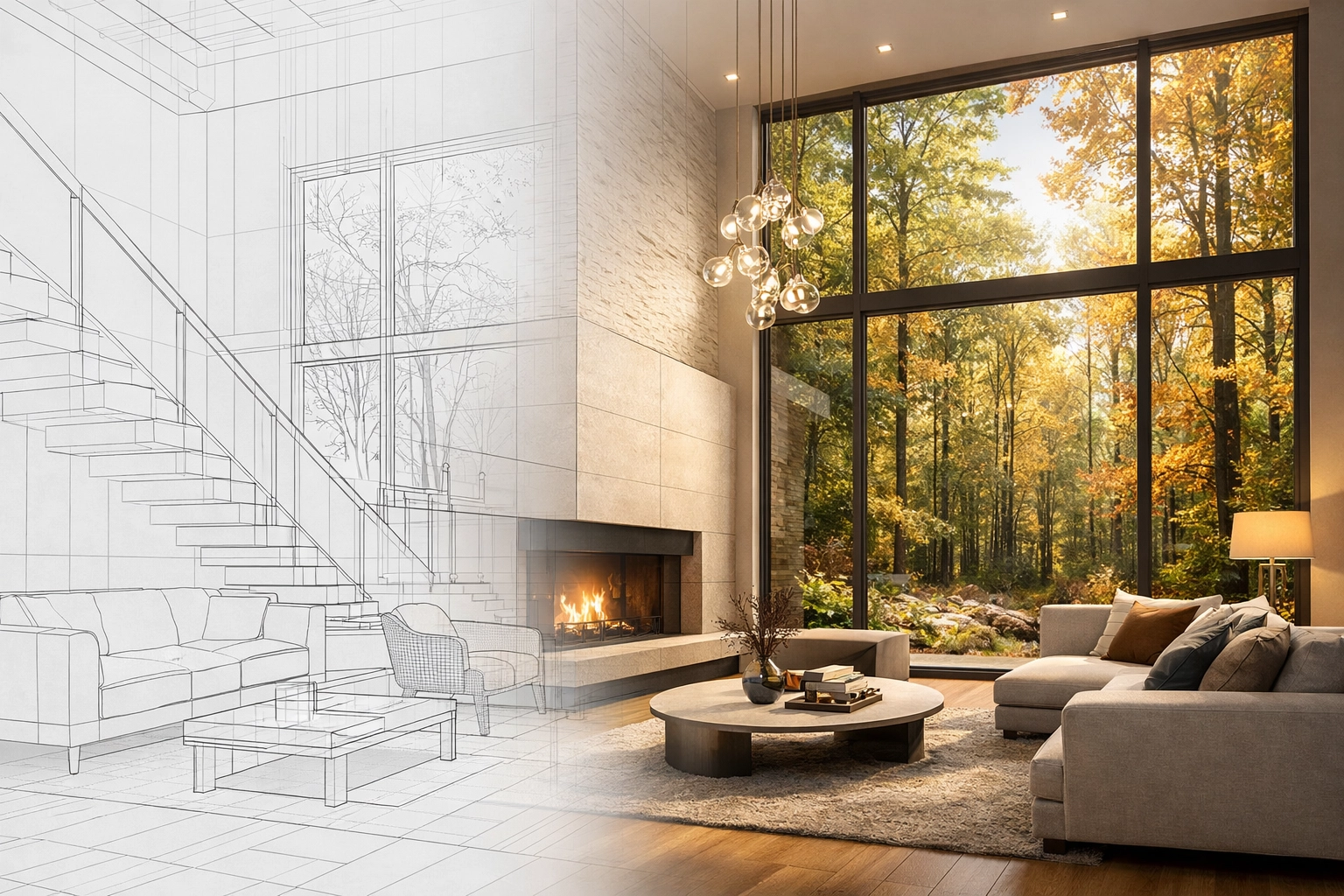 Luxury custom home interior with high windows overlooking an Ontario woodland landscape.
