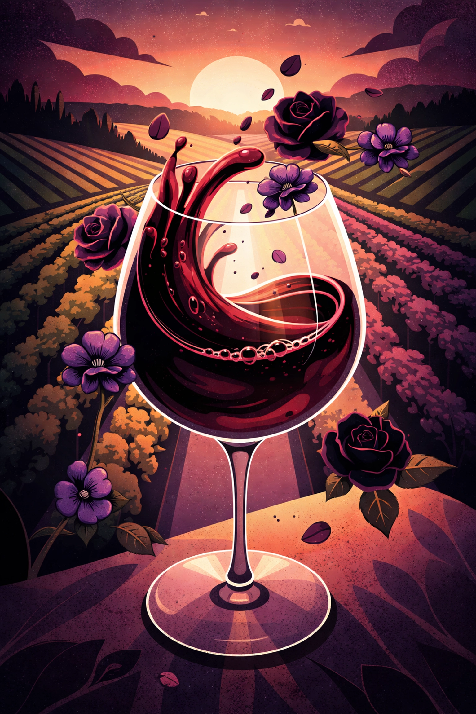 Swirling glass of Petit Verdot red wine with violets and vineyard rows, highlighting Virginia winery tours.