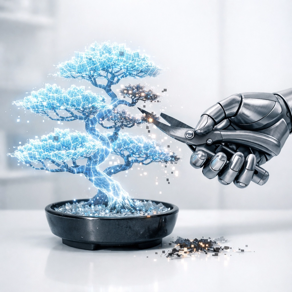 AI robotic hand pruning a digital tree representing the cancellation of unwanted subscriptions and reducing financial waste.
