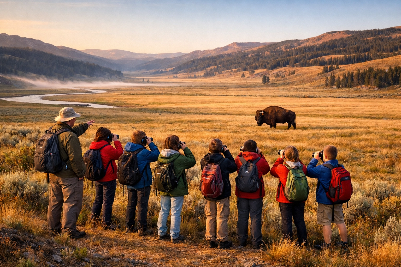 Students on a Yellowstone student tour observing a bison from a safe distance in Lamar Valley.