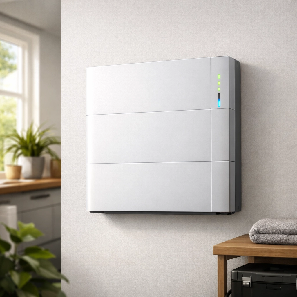 Wall-mounted home battery storage system in modern interior utility space