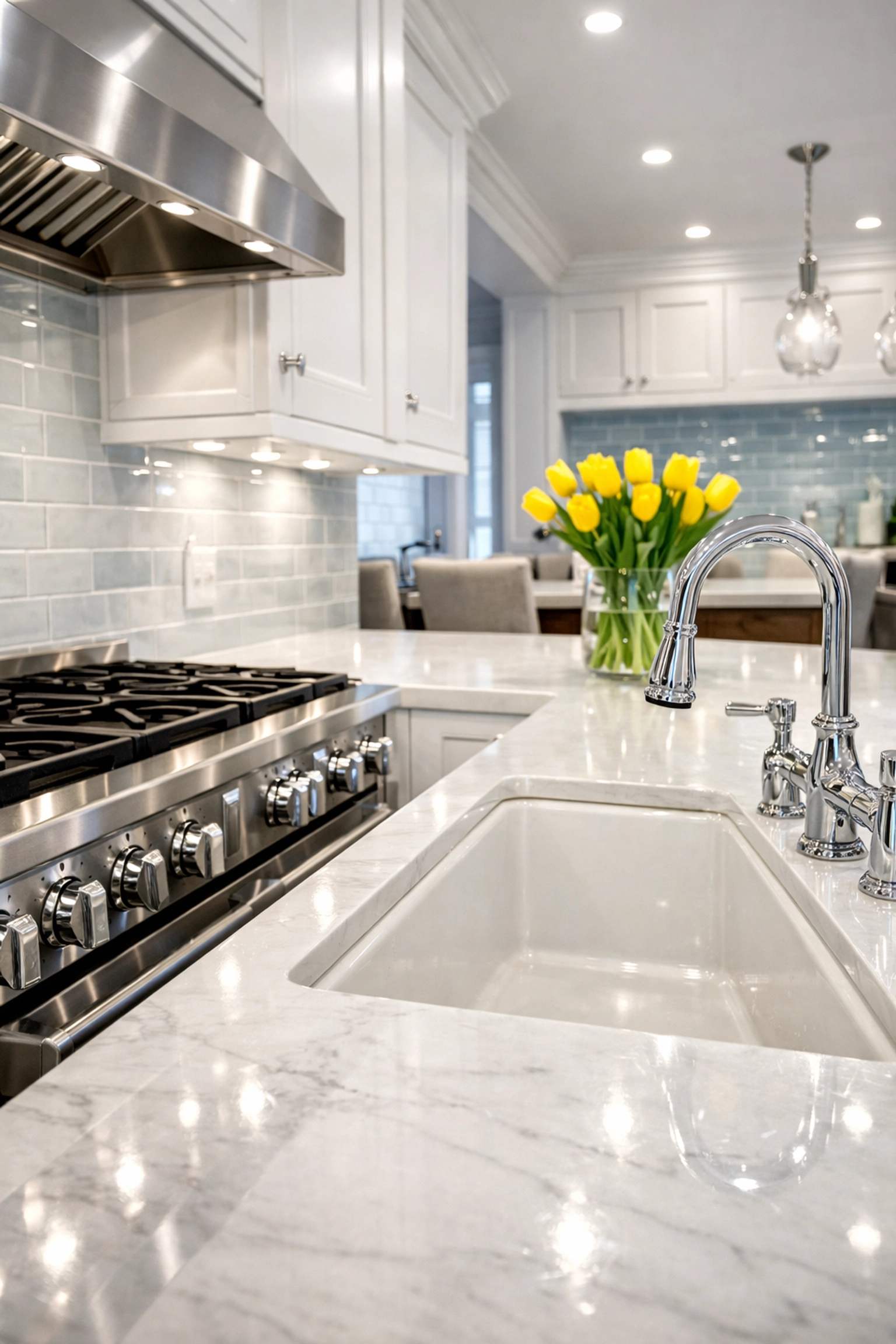 A sparkling clean luxury kitchen with marble countertops after a professional house cleaning Shirley MA visit.