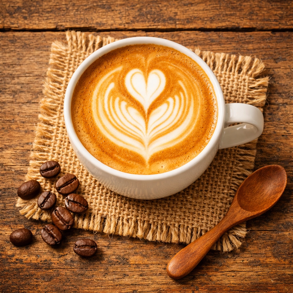 A latte with heart art sitting on a textured coaster made from repurposed coffee sack fabric.