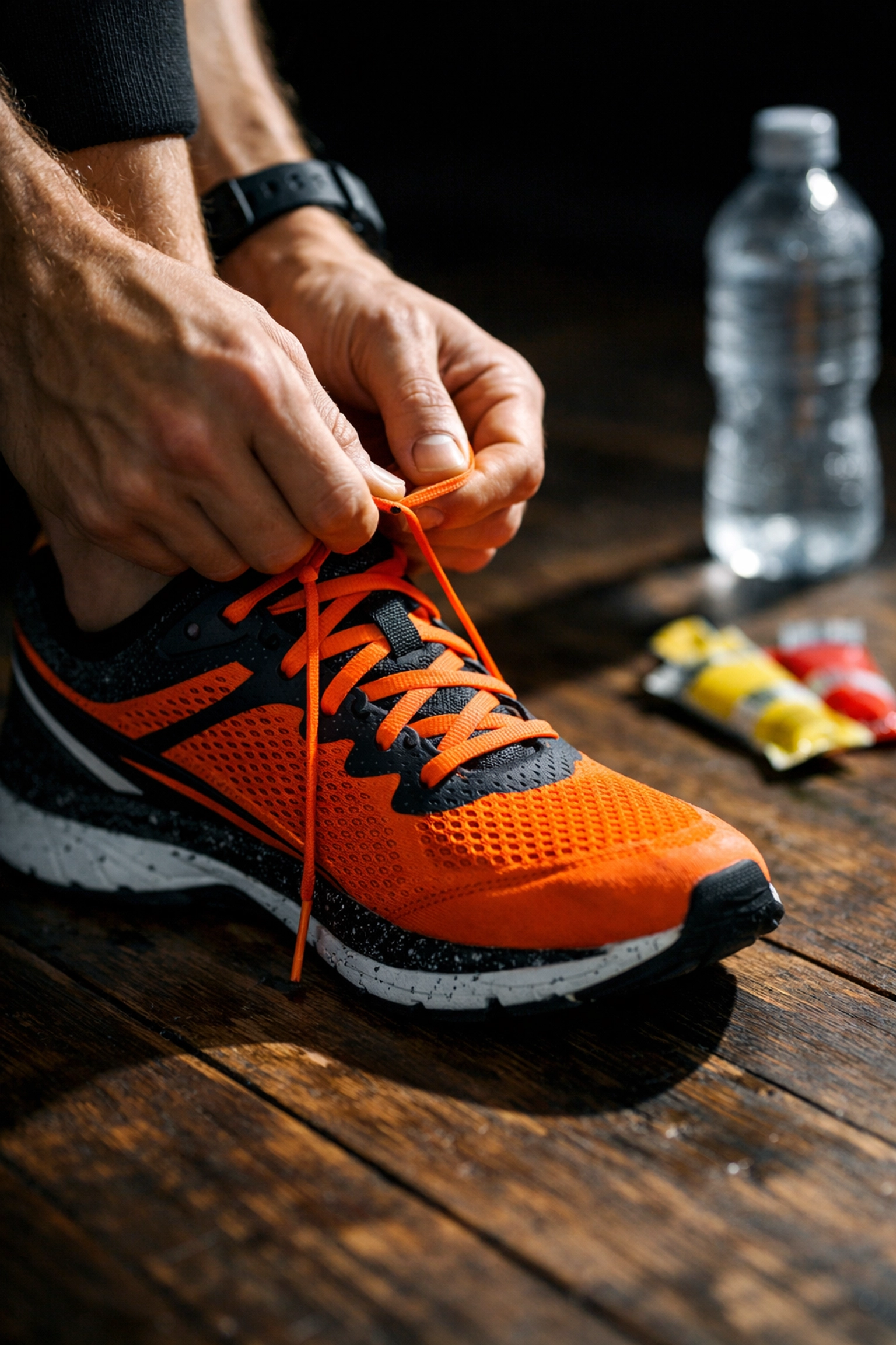 Runner lacing up a marathon shoe beside a water bottle and energy gels, preparing gear for long-run training and race day