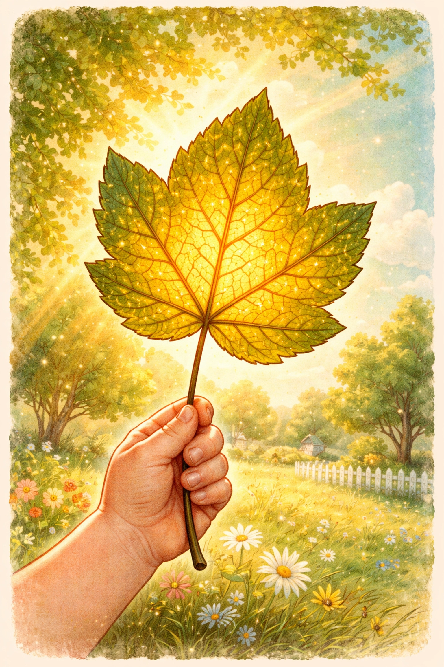 A child's hand holding a glowing green leaf to sunlight, showing detailed leaf veins for a leaf skeleton project.