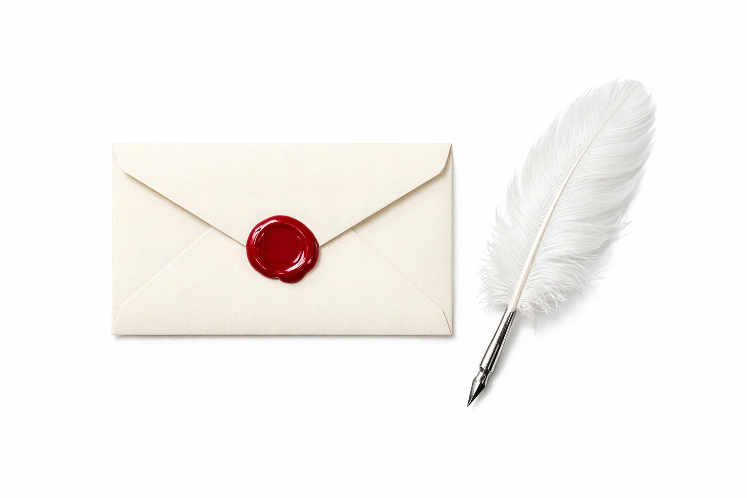 Vintage cream envelope with a red wax seal and feather quill illustrating classical historical romance book themes.