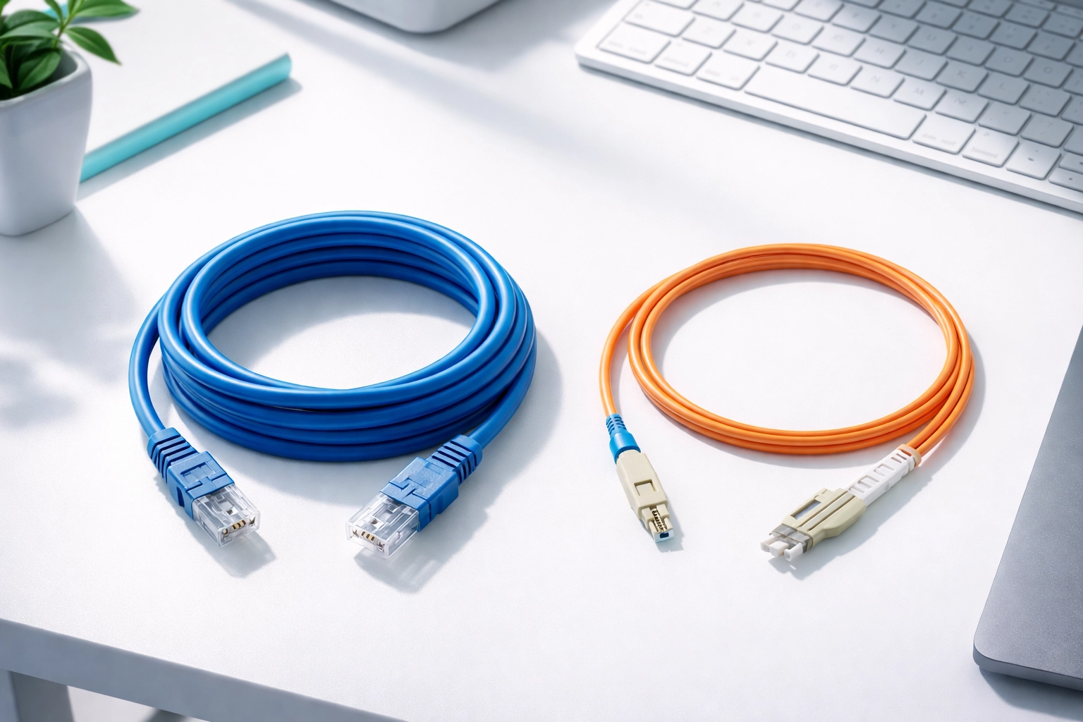 Side-by-side comparison of Cat 6 Ethernet cable and fibre optic cable on a desk for network installation.