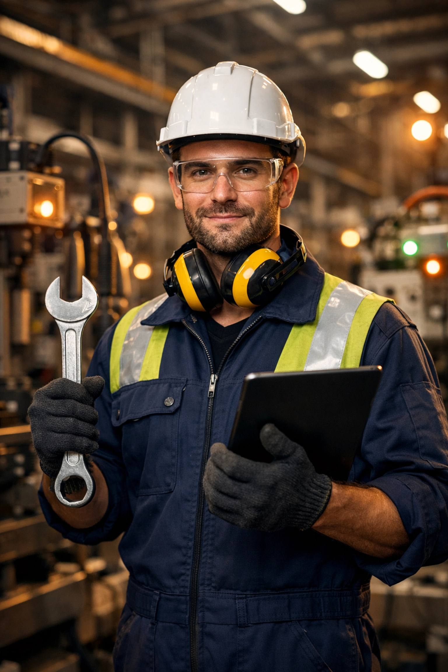 Industrial maintenance technician holding wrench and tablet in modern manufacturing facility