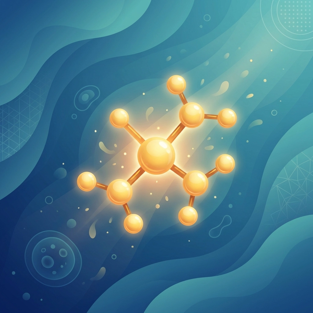 Luminous magnesium molecule surrounded by calming colors emphasizes magnesium’s role in relaxation and wellness.