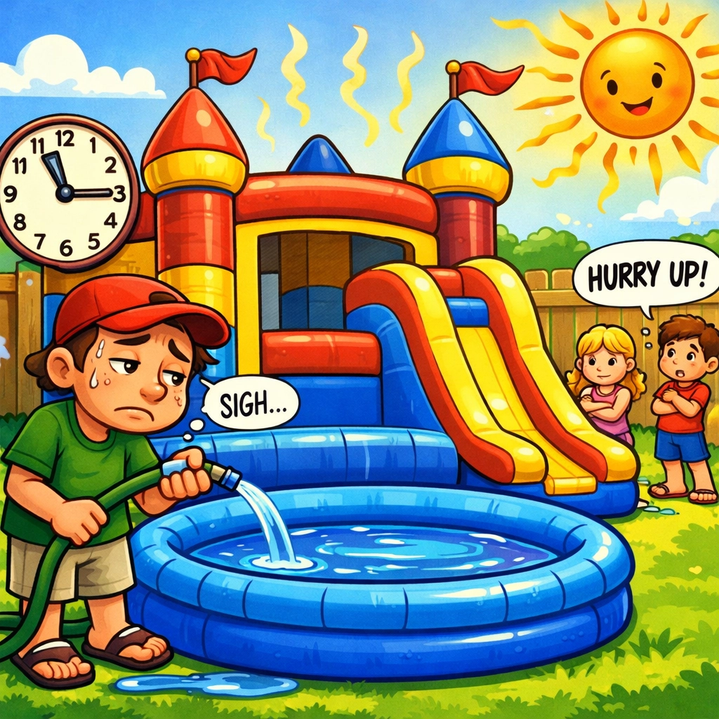 Parent filling inflatable pool on bounce house combo unit with garden hose while kids wait