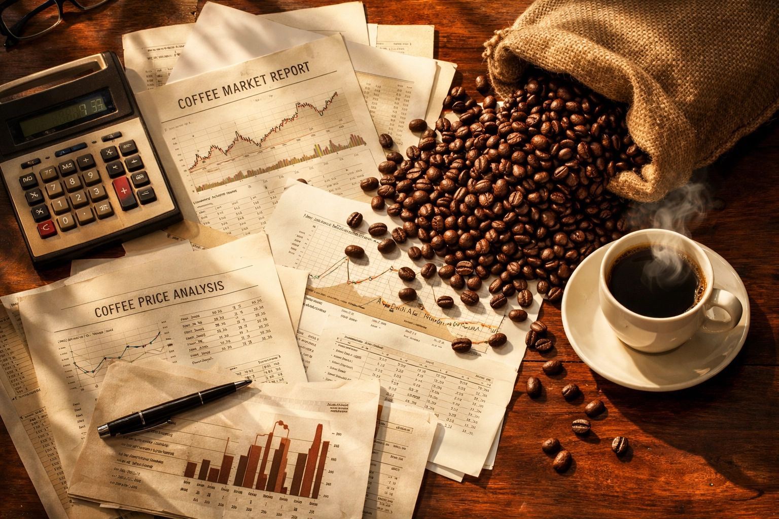 Arabica coffee beans and trading documents showing market price corrections February 2026