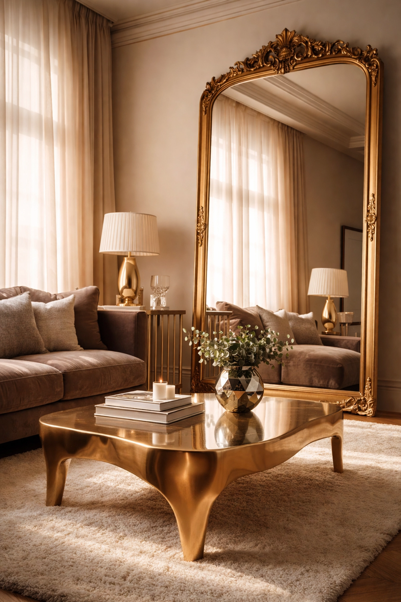 Luxury living room with gilded floor mirror and brass coffee table reflecting soft natural light