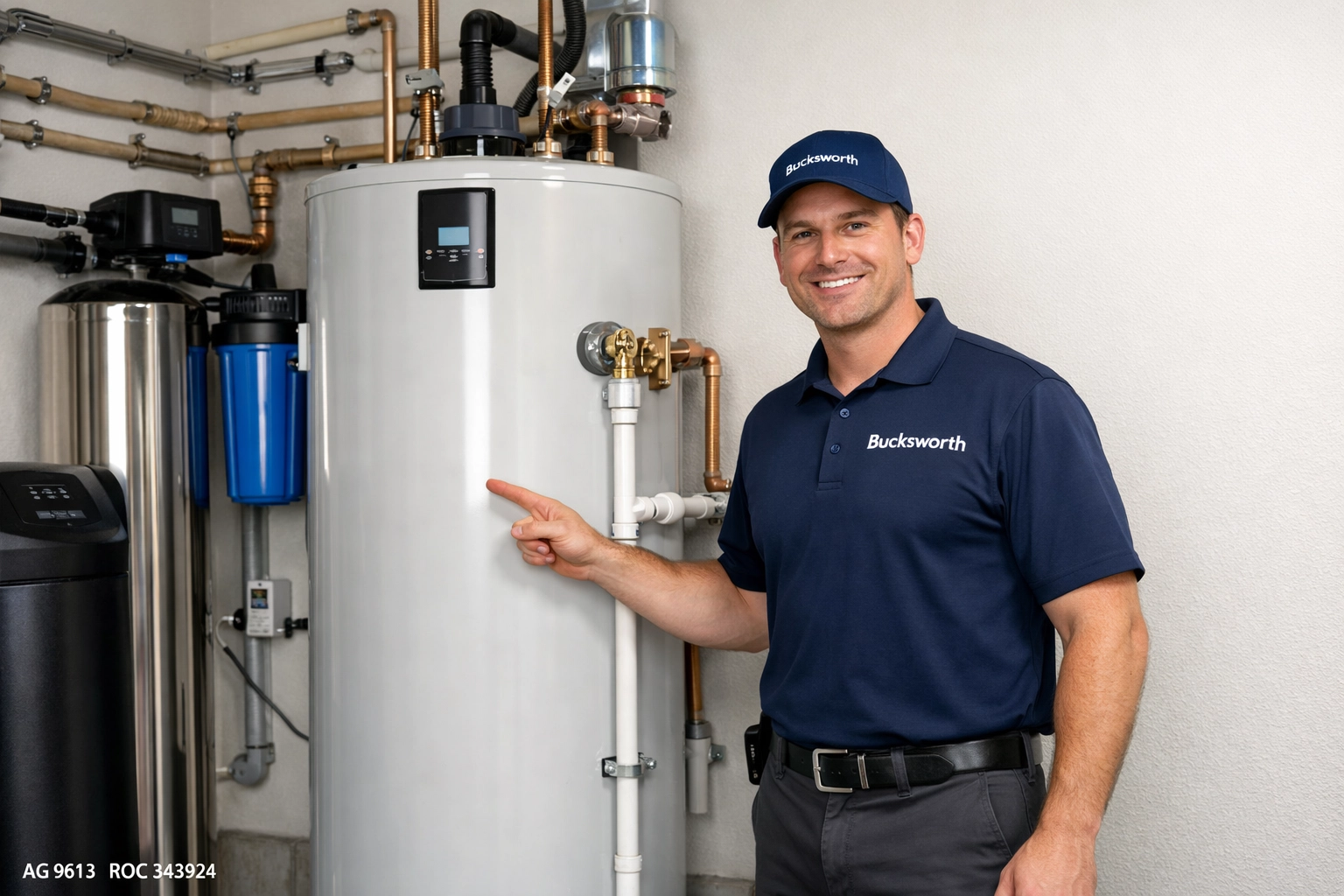 Professional plumbing inspection by Bucksworth technician checking a water heater drainage line in an Eastmark Mesa home.