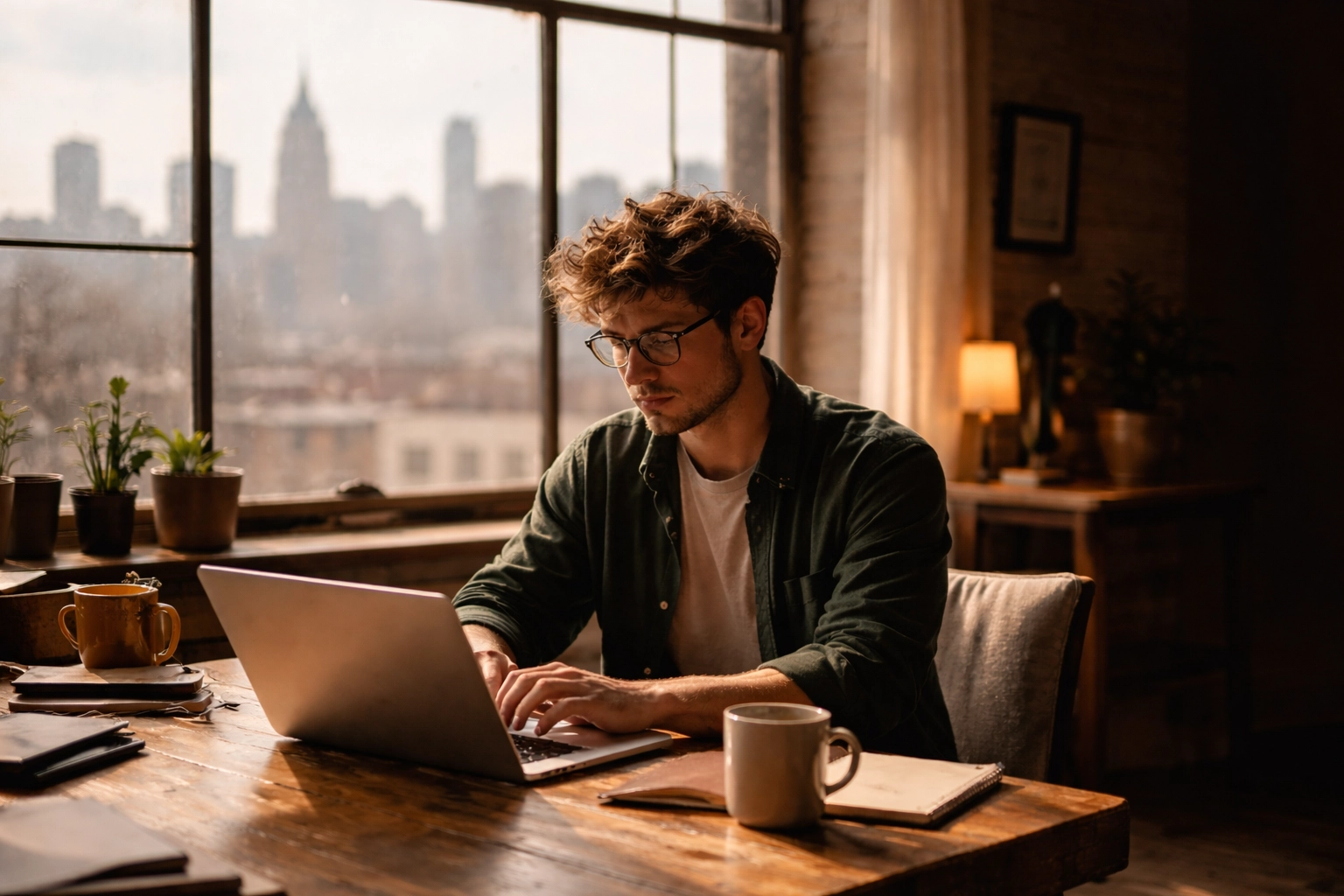Creative professional uses a refurbished MacBook Air in a Brooklyn loft, showcasing sustainable tech in NYC