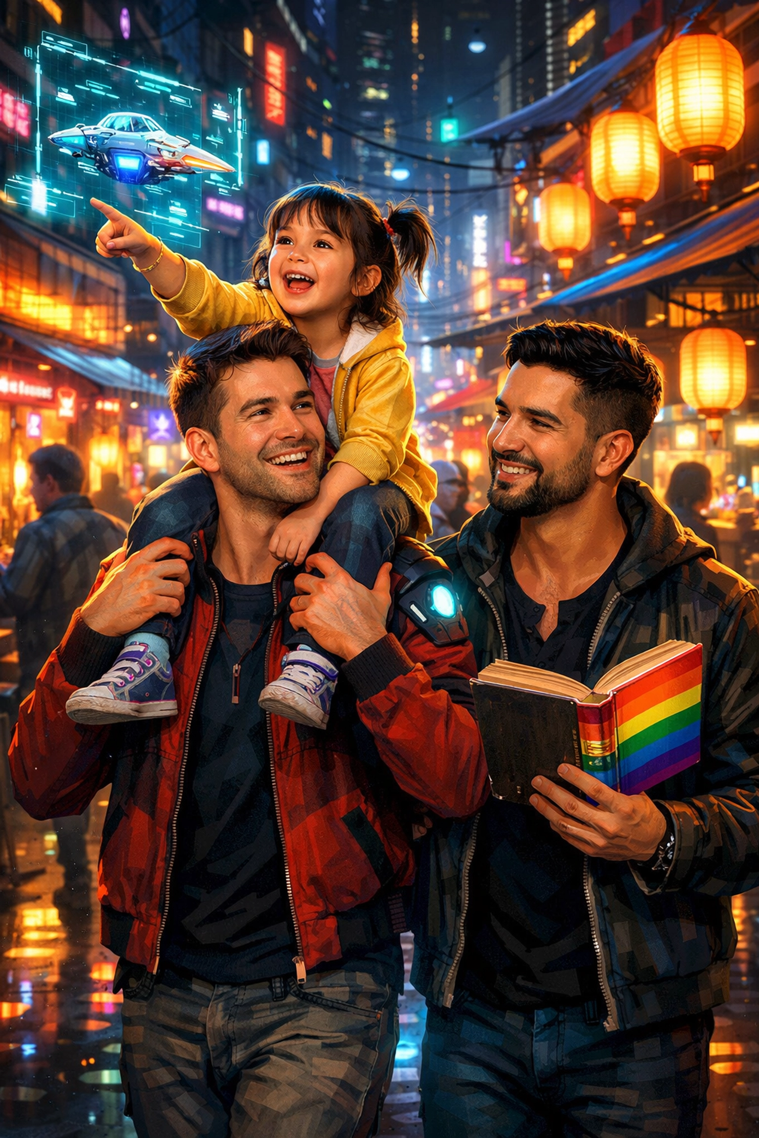 Gay fathers and their daughter in a cyberpunk market, emphasizing the bond of LGBTQ+ families.