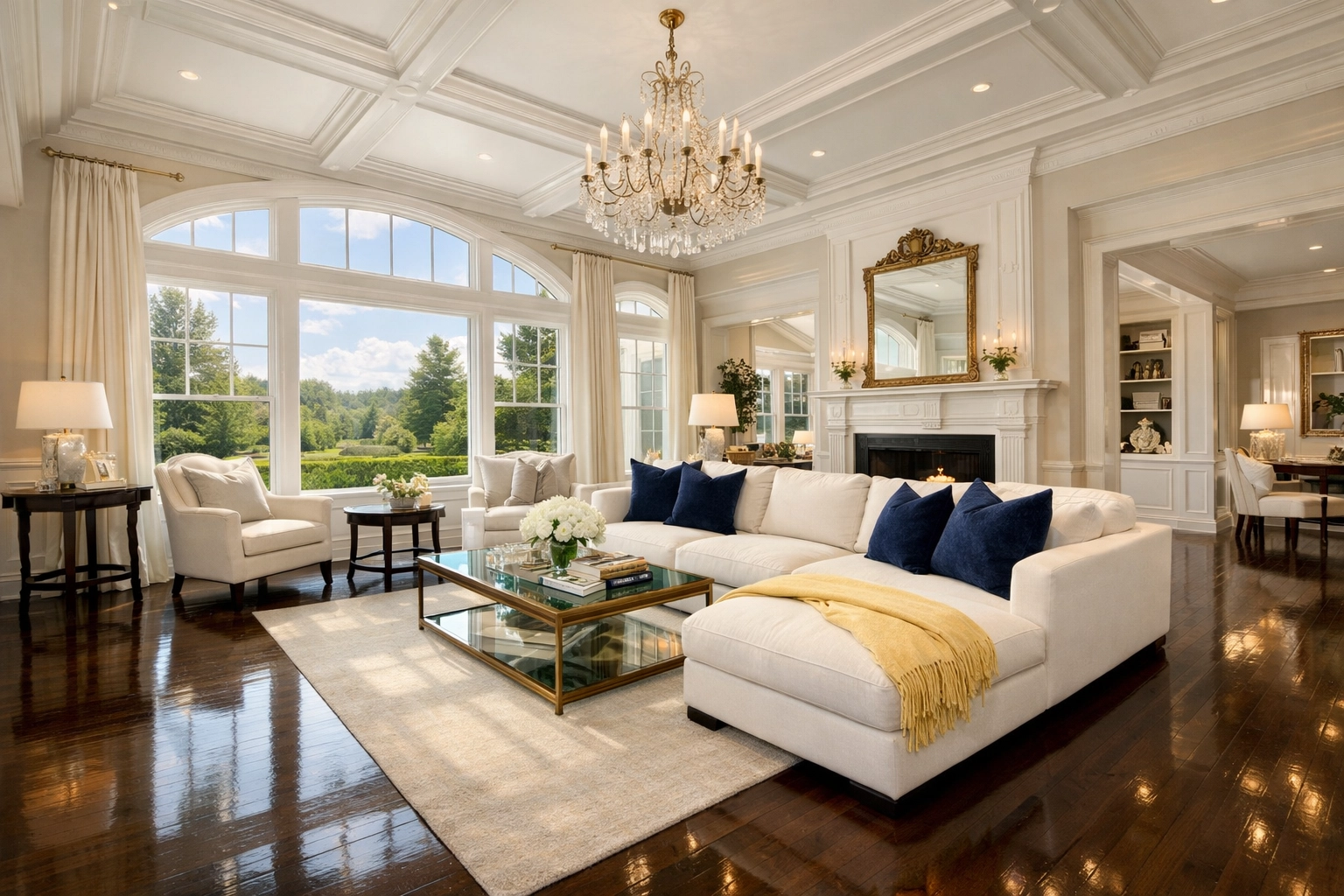 Deep cleaning in Wellesley Massachusetts estate living room with polished floors and luxury furniture.