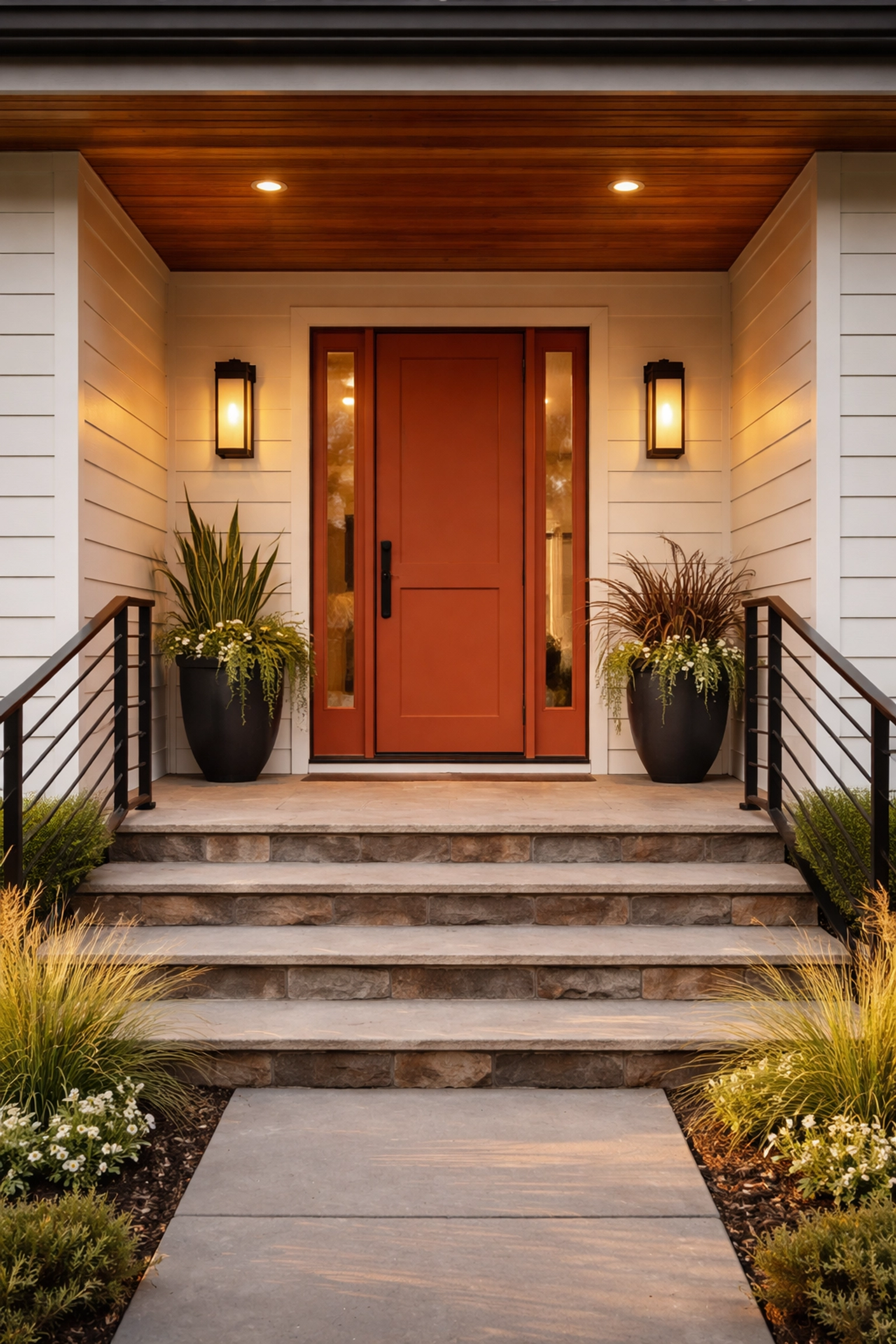 Inviting modern front porch with terracotta door, stone steps, and upgraded lighting for strong curb appeal