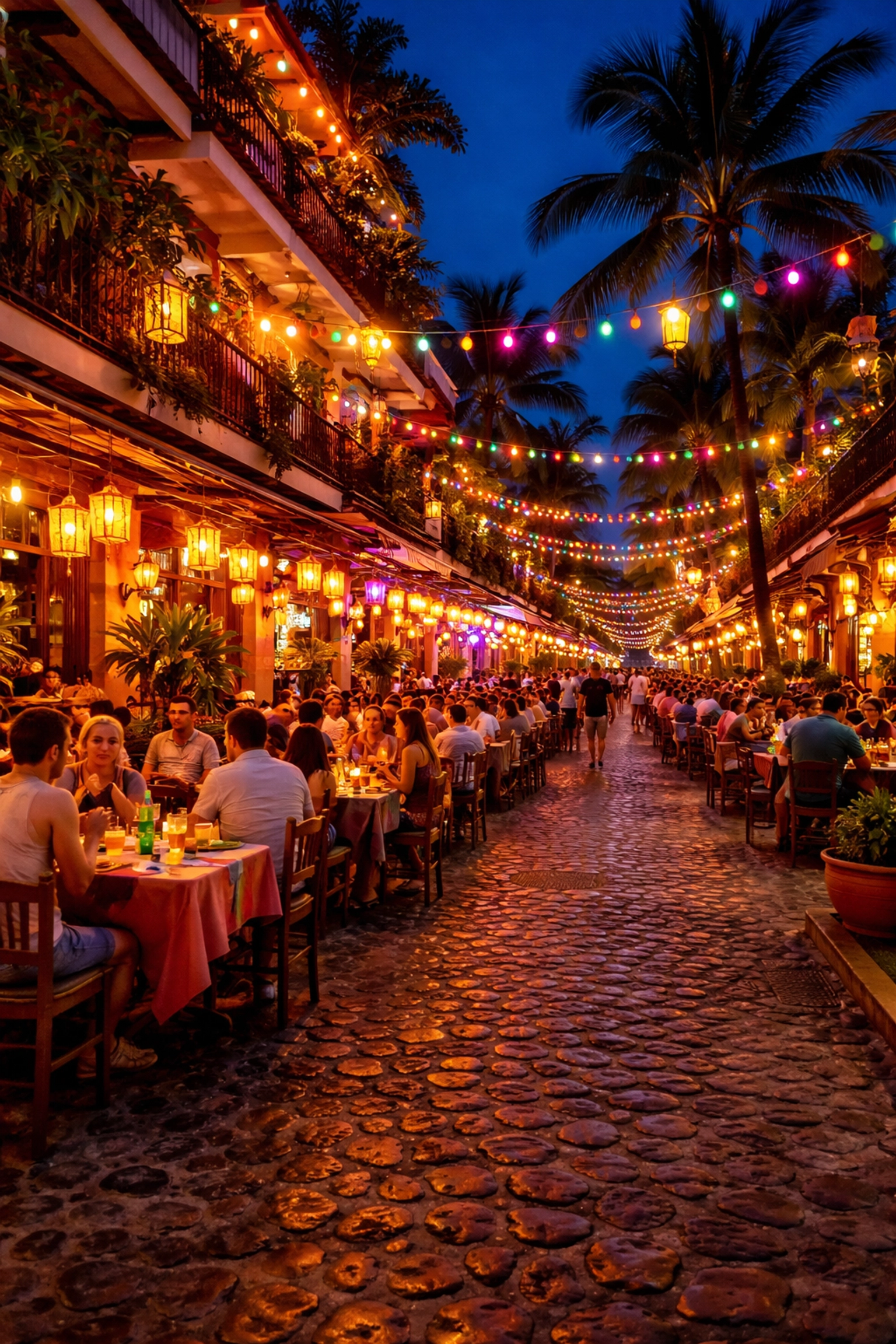 Nightlife in Zona Romantica, Puerto Vallarta with vibrant patios, lanterns, and tourists socializing