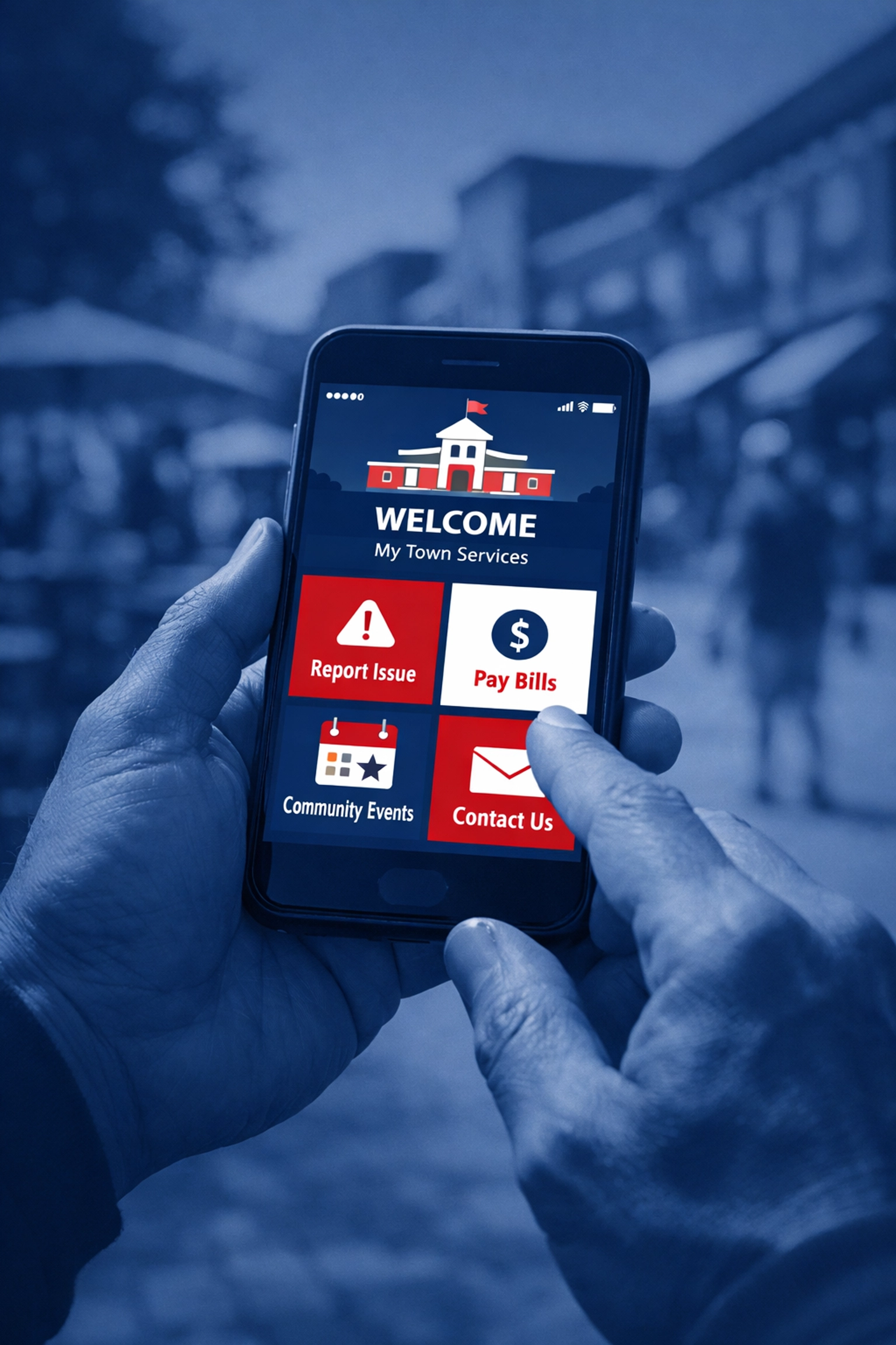 Resident accessing a mobile-optimized government website on a smartphone in a town square.