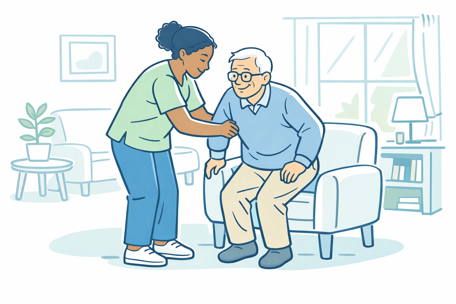 Professional caregiver helping elderly person stand from chair in bright living room