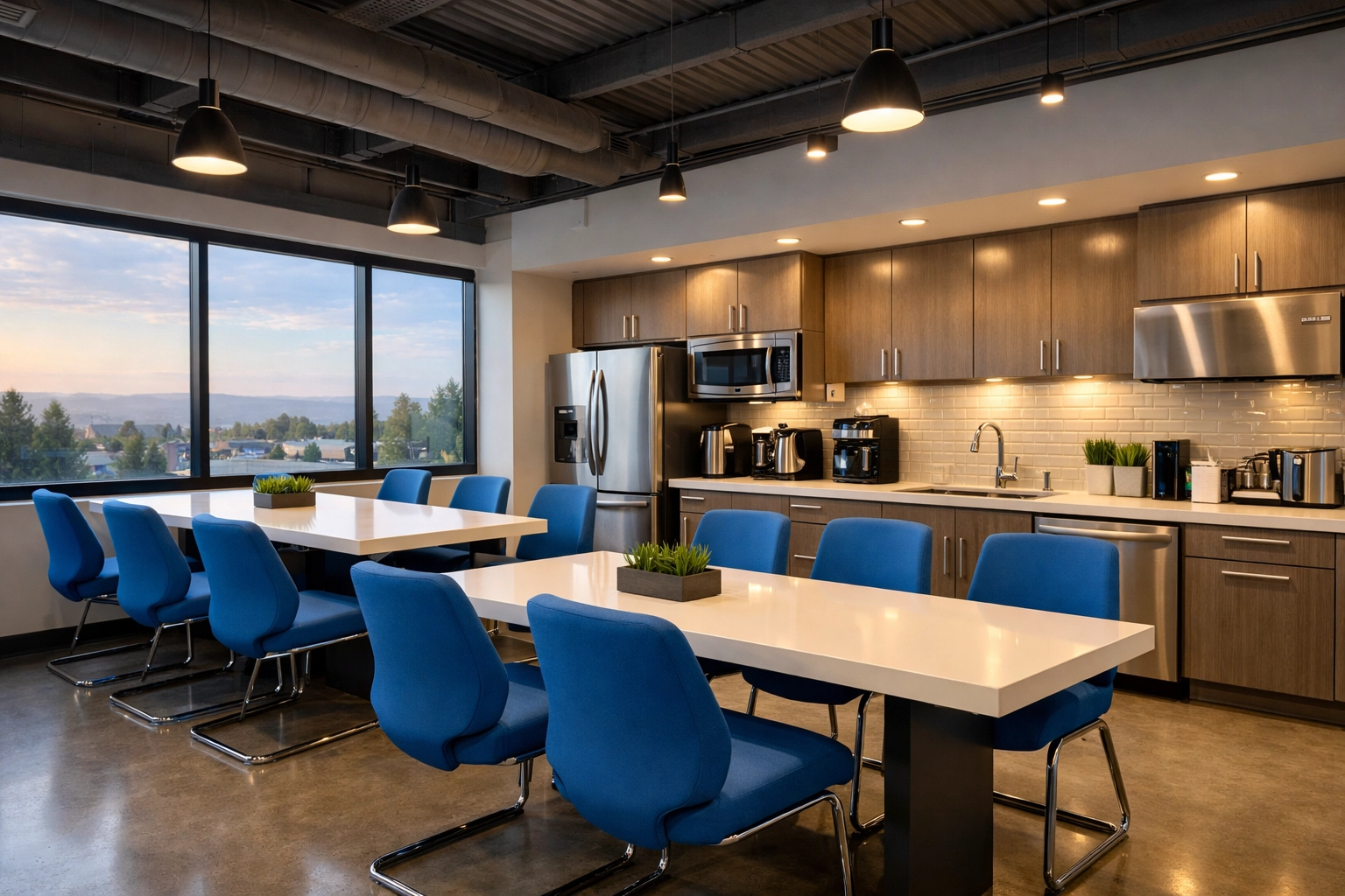 A sanitized and modern industrial breakroom with clean tables and stainless steel appliances in Medford.