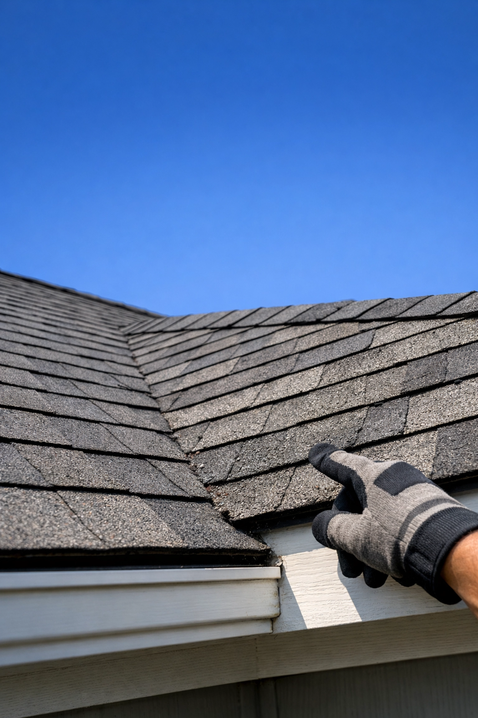Home inspector examining roof shingles to assess condition for insurance coverage requirements