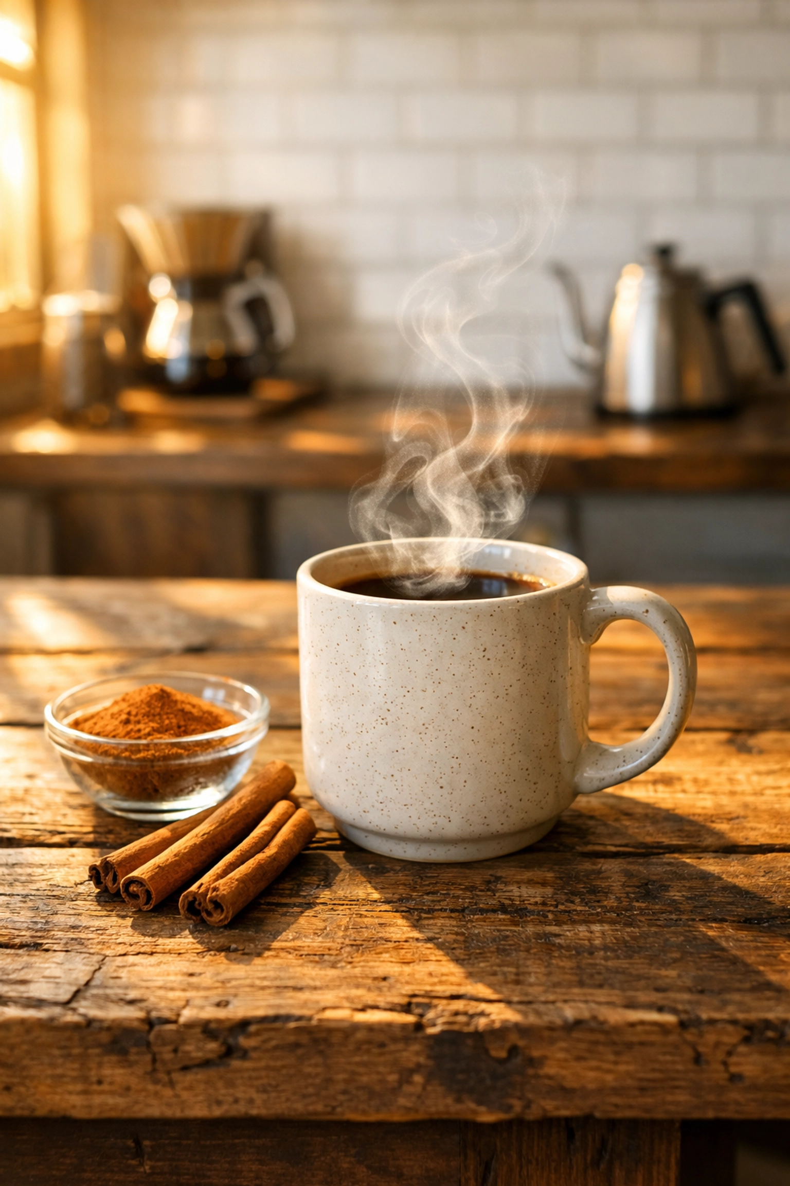 A steaming mug of clean coffee with cinnamon sticks for a healthy morning routine tip.