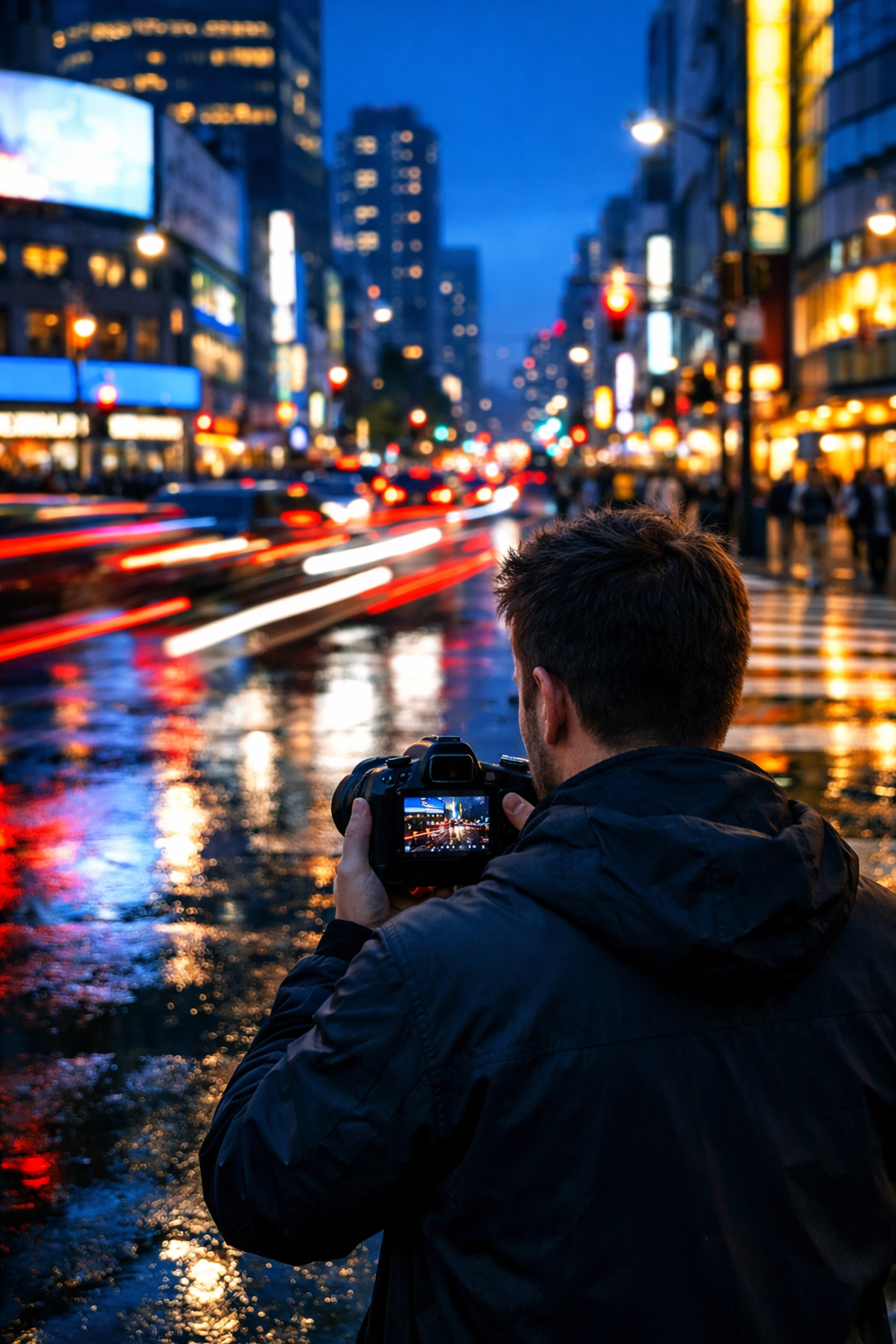 A photographer learning how to use manual mode camera settings to capture city light trails at night.