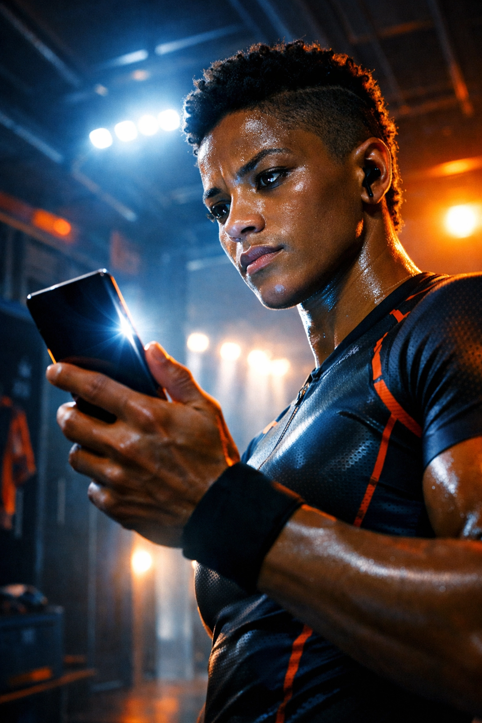 Professional athlete in a locker room using a smartphone for digital NIL branding