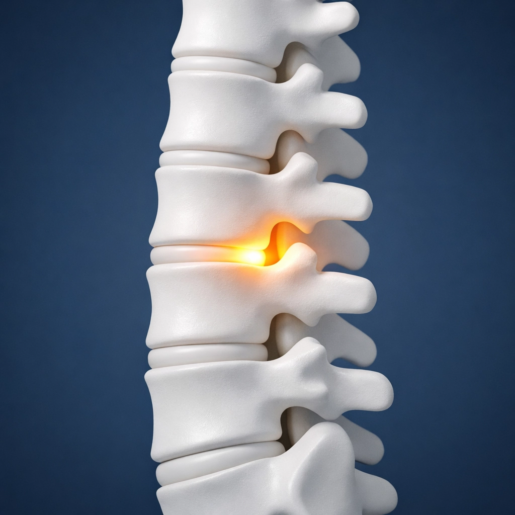 Close-up of a human lumbar spine highlighting a specific vertebrae for targeted chiropractic therapy.