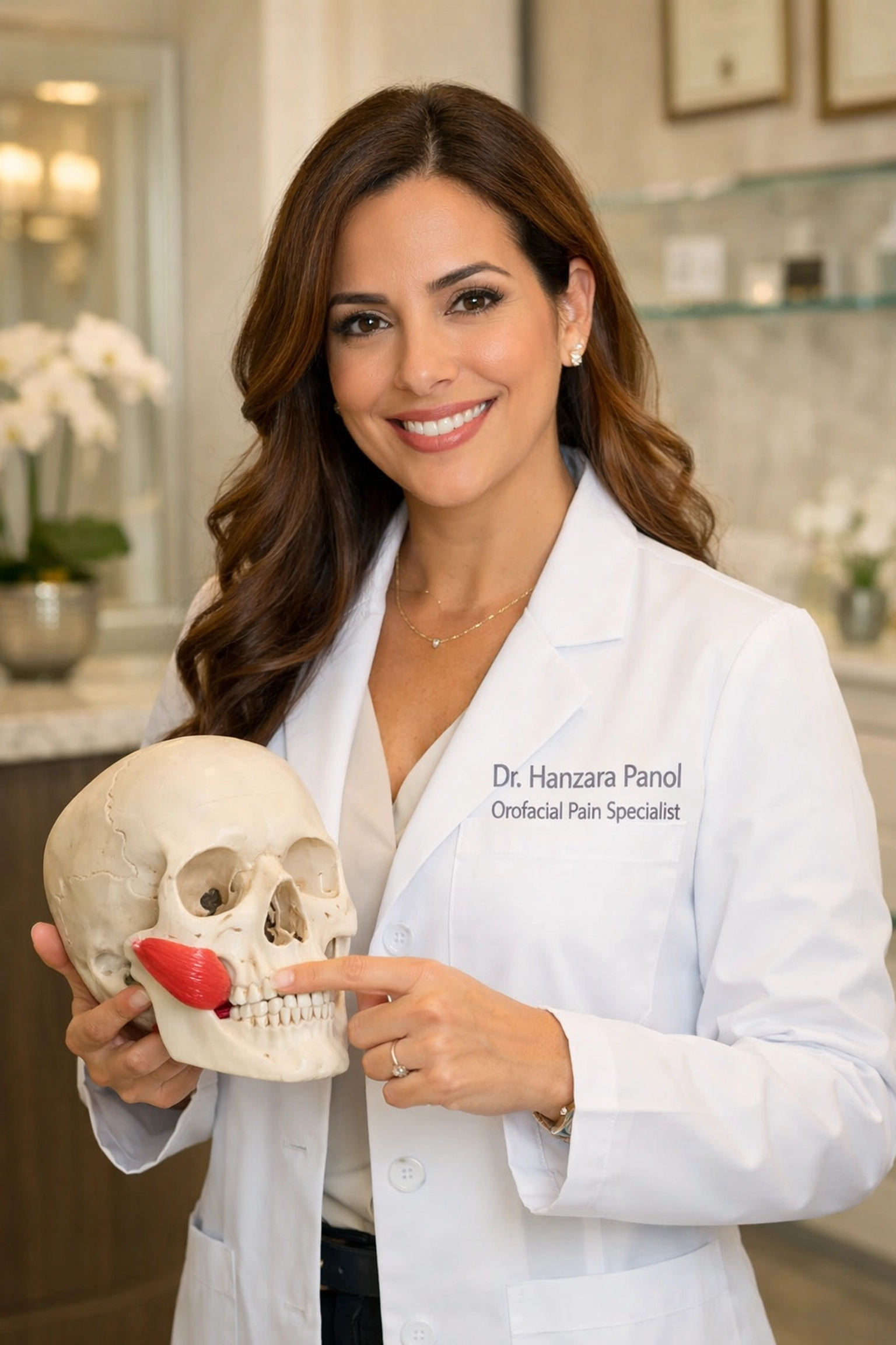 Dr. Hanzara Panol, TMJ specialist in Melbourne, FL, explaining jaw muscle anatomy.