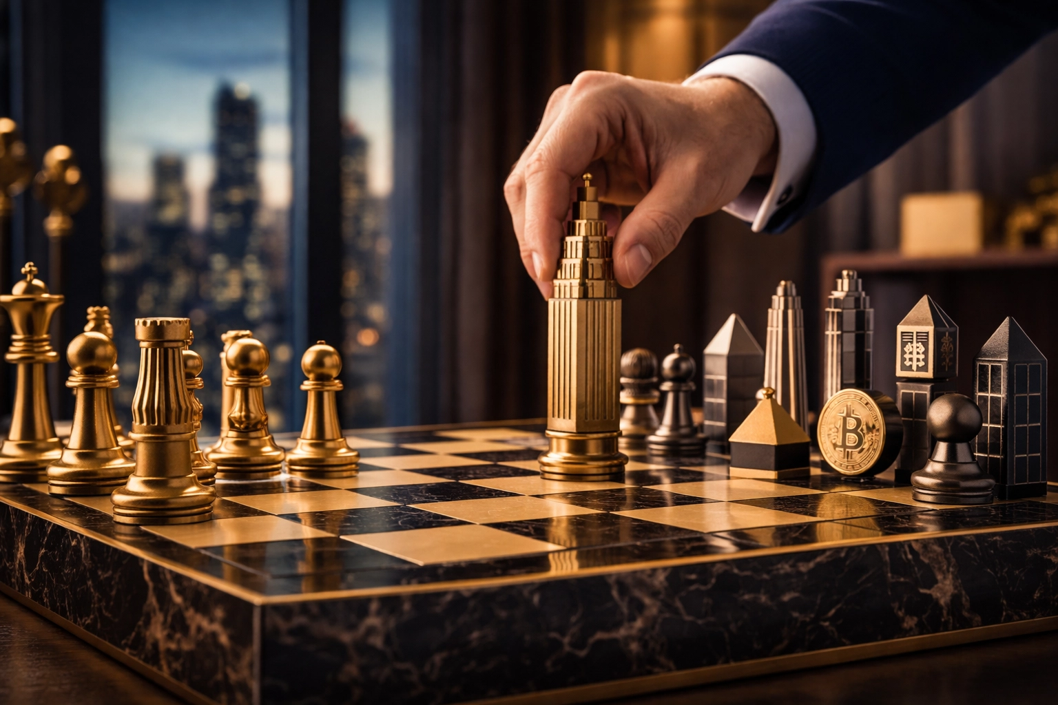 Elegant chess board with unique pieces reflects strategic asset allocation in the 40/30/30 investment model.