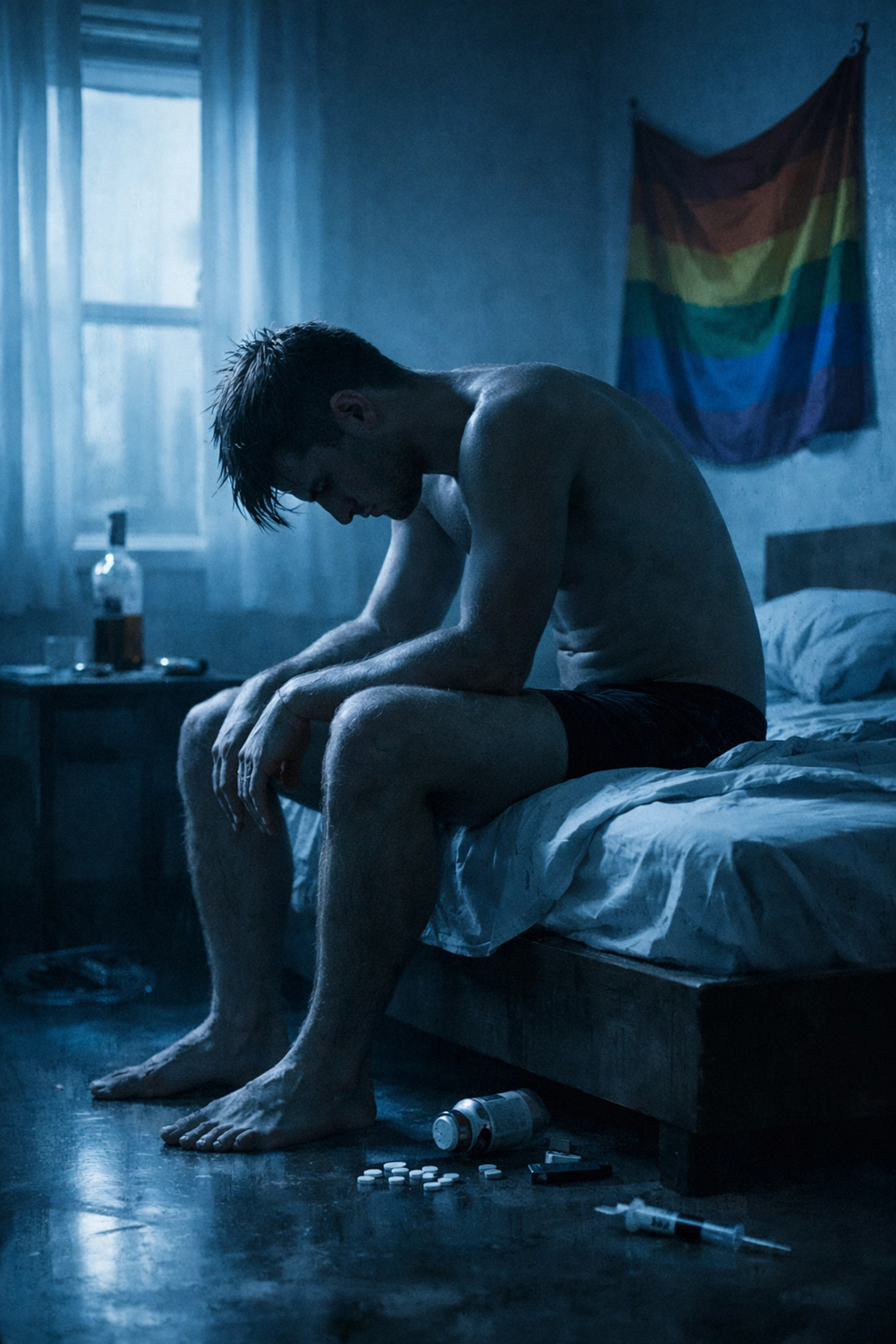 A man sitting on a bed at dawn, reflecting the emotional exhaustion and crash following a night of partying.